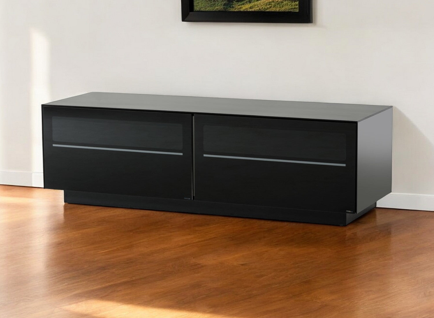 59" Black Glass And Wood Enclosed Storage TV Stand