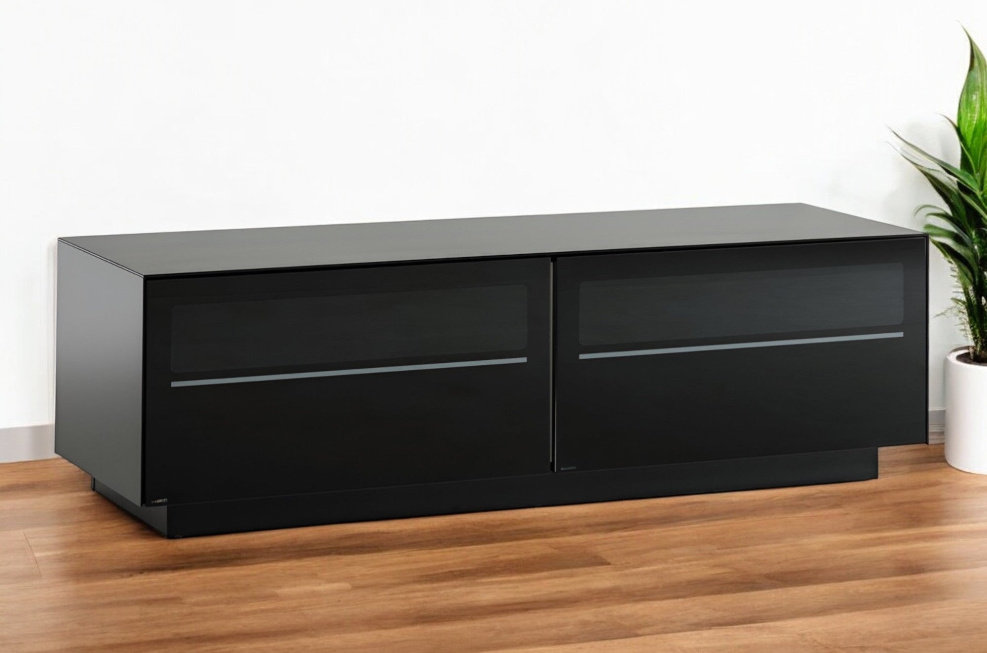 59" Black Glass And Wood Enclosed Storage TV Stand