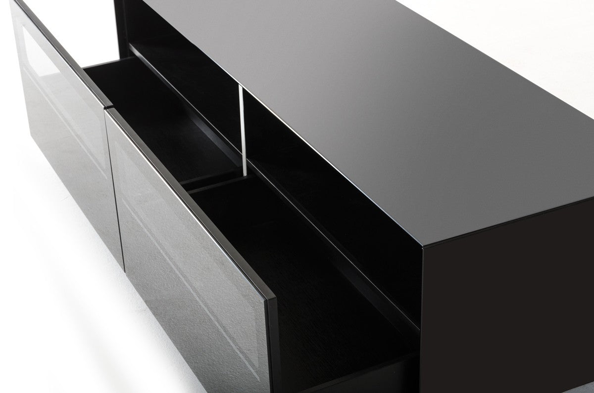 59" Black Glass And Wood Enclosed Storage TV Stand