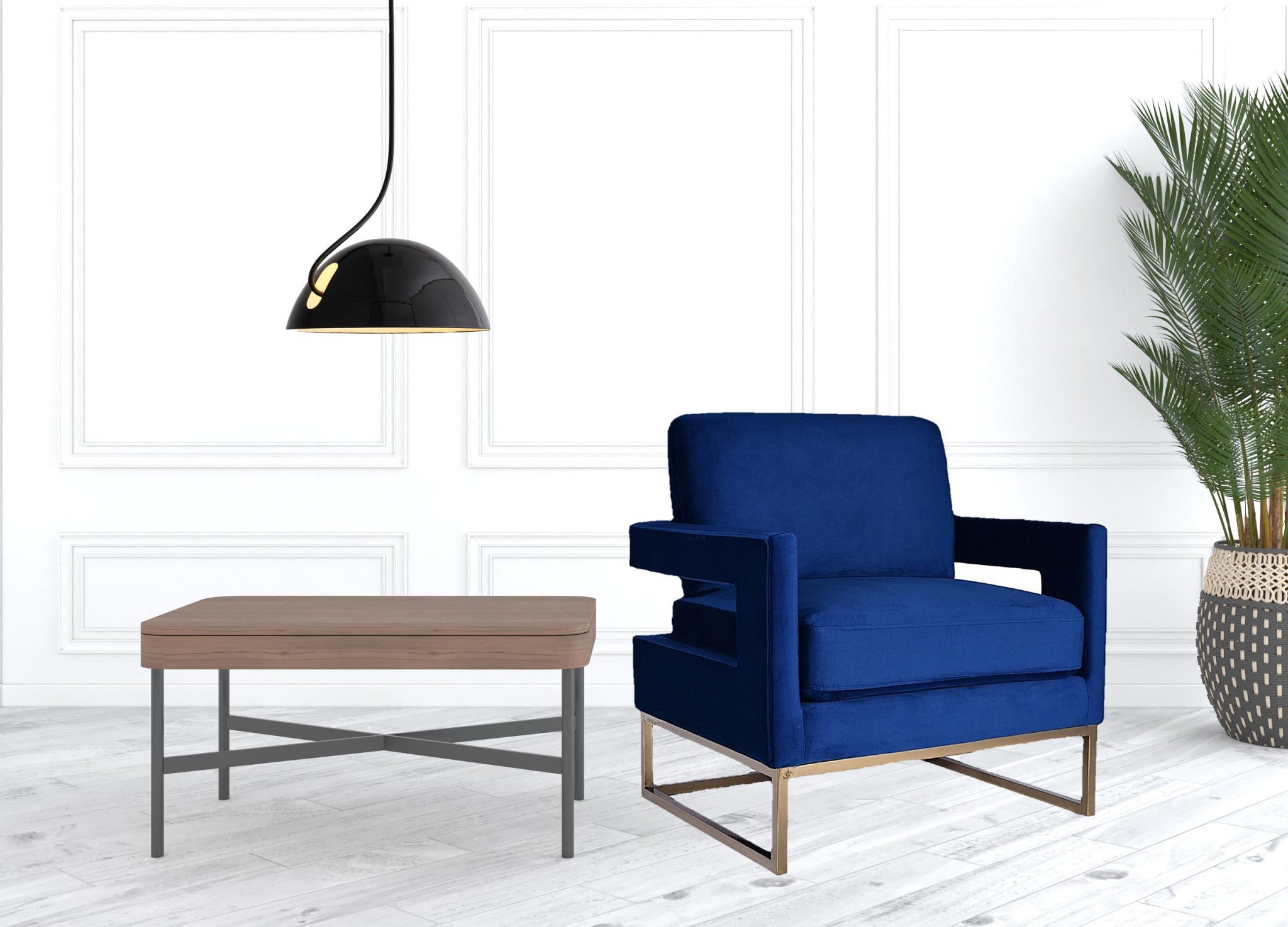 34" Blue And Gold Velvet Arm Chair