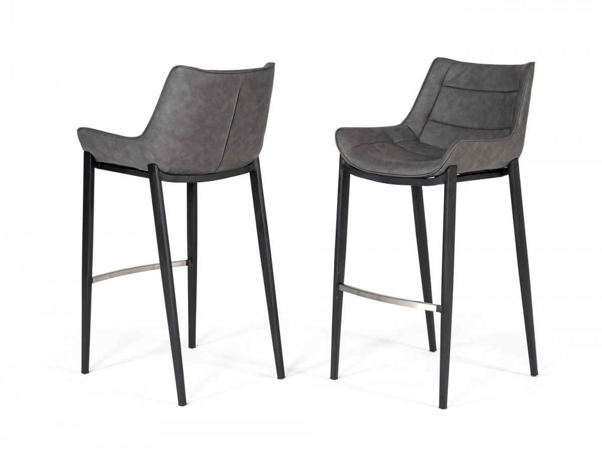 Set of Two 30" Gray And Black Faux Leather And Steel Bar Height Bar Chairs