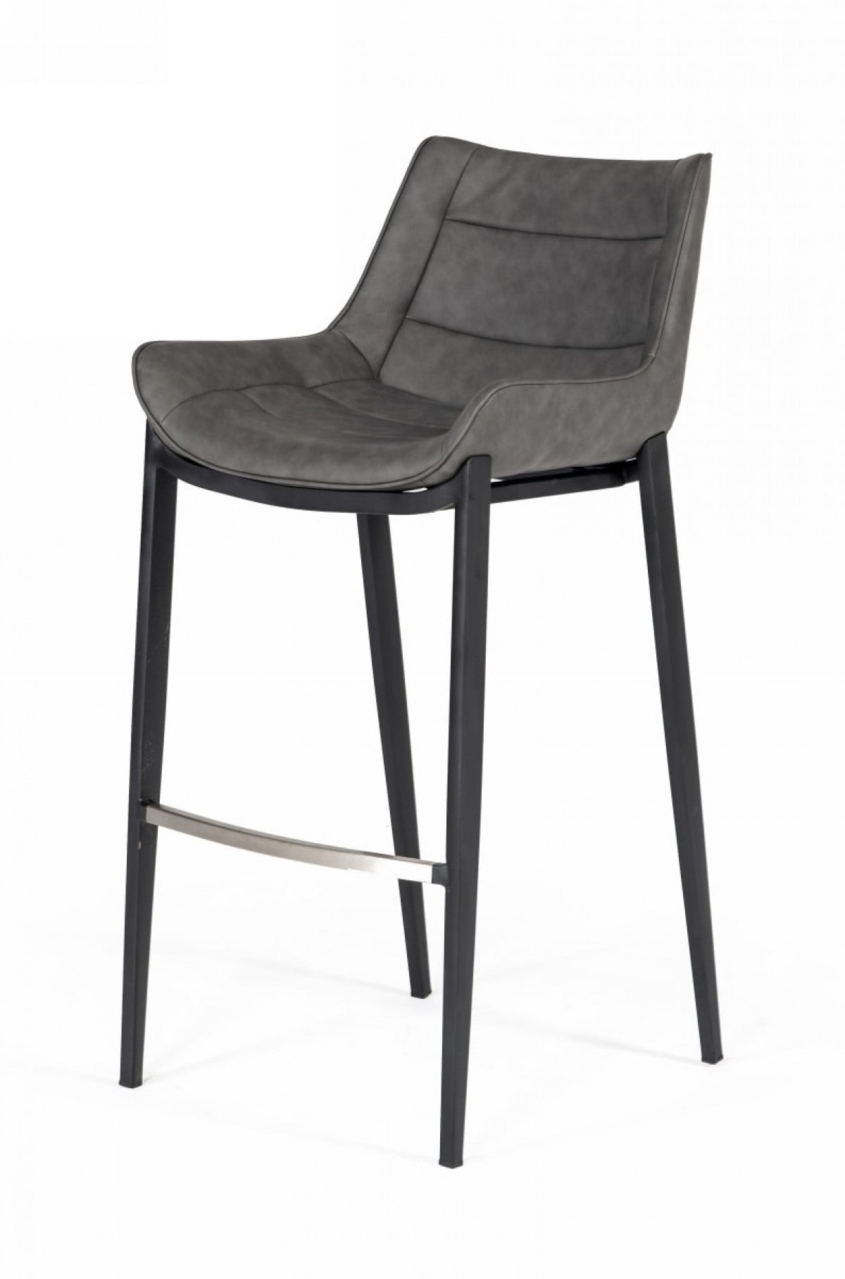 Set of Two 30" Gray And Black Faux Leather And Steel Bar Height Bar Chairs