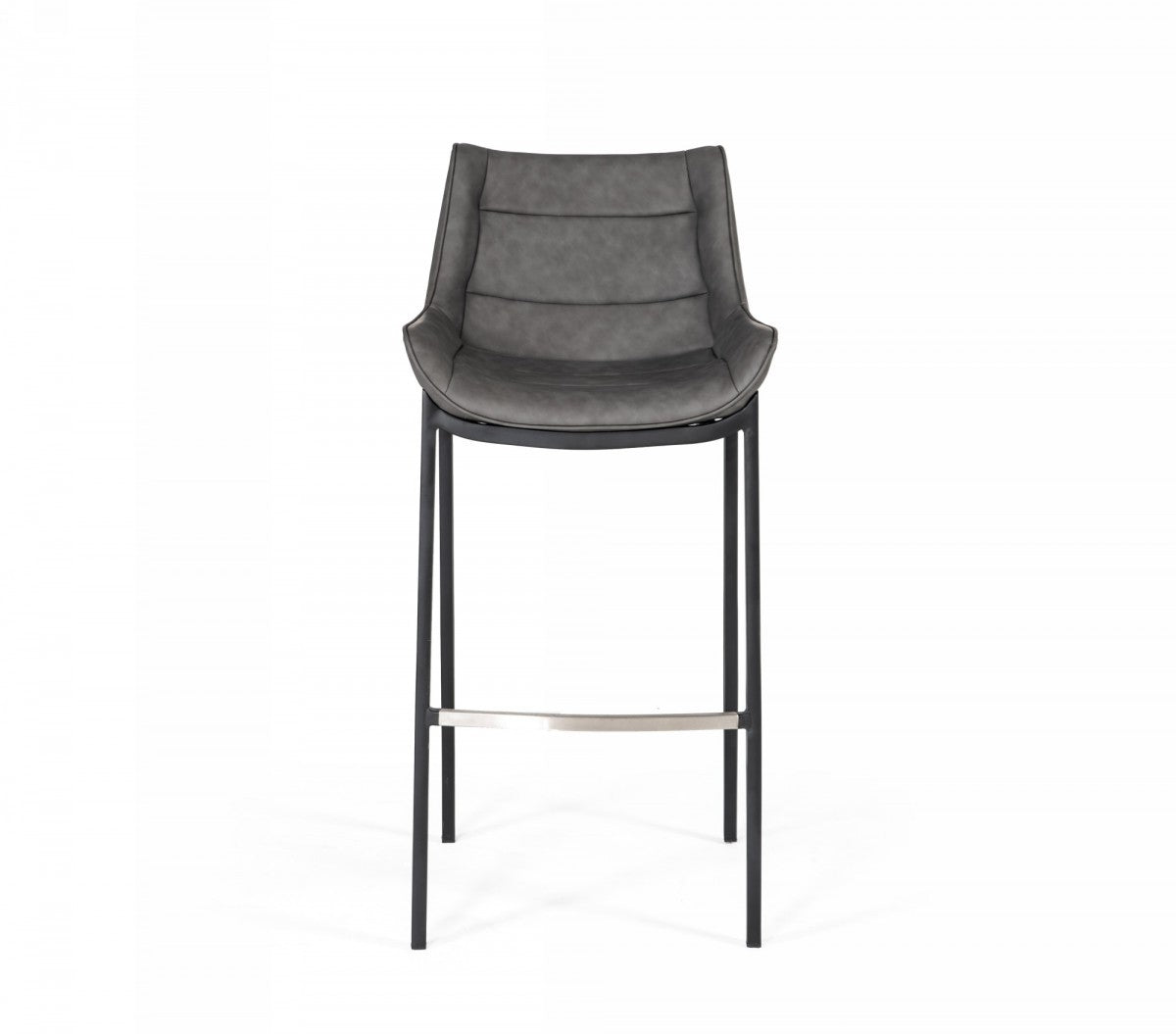Set of Two 30" Gray And Black Faux Leather And Steel Bar Height Bar Chairs