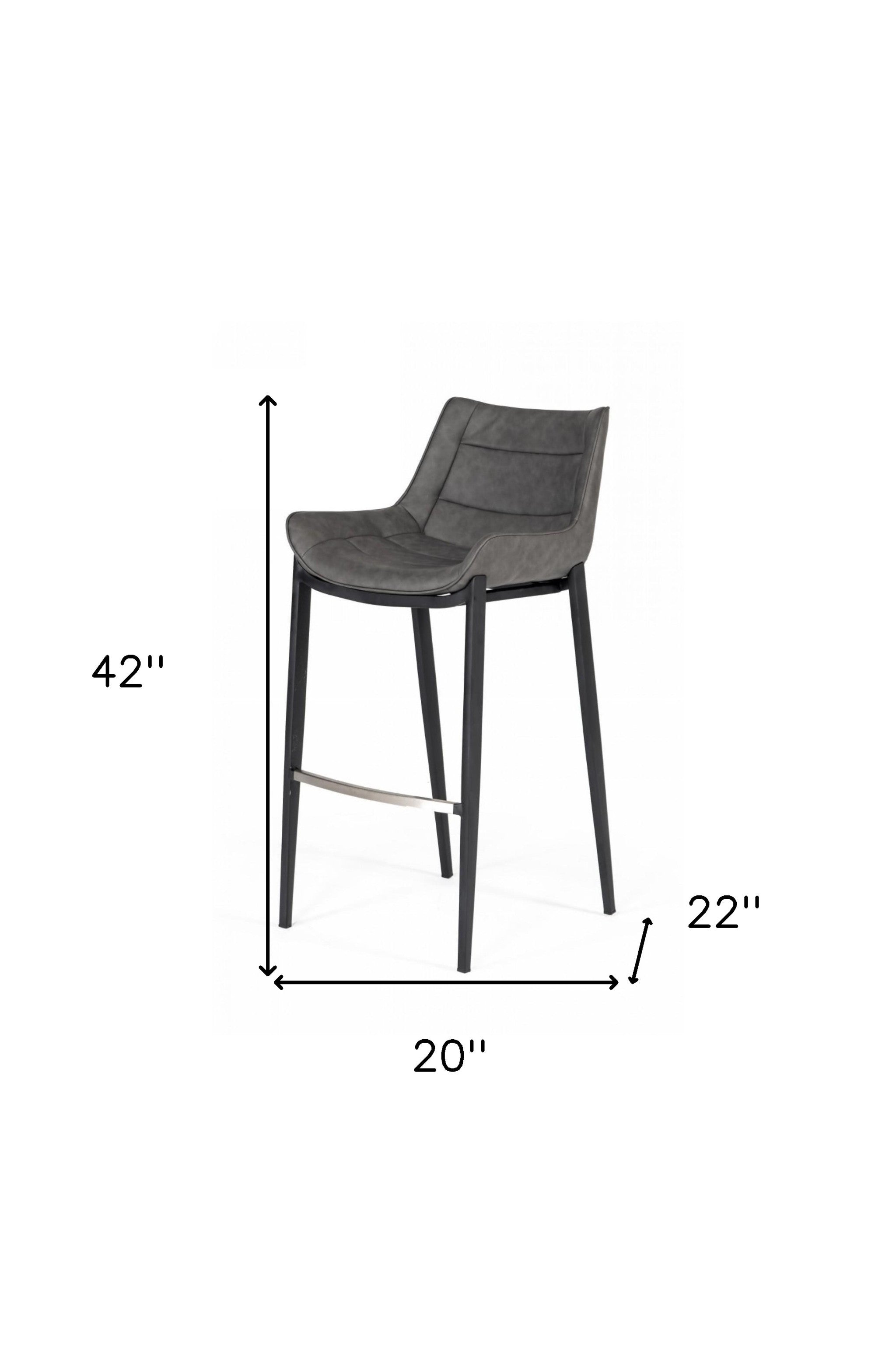 Set of Two 30" Gray And Black Faux Leather And Steel Bar Height Bar Chairs