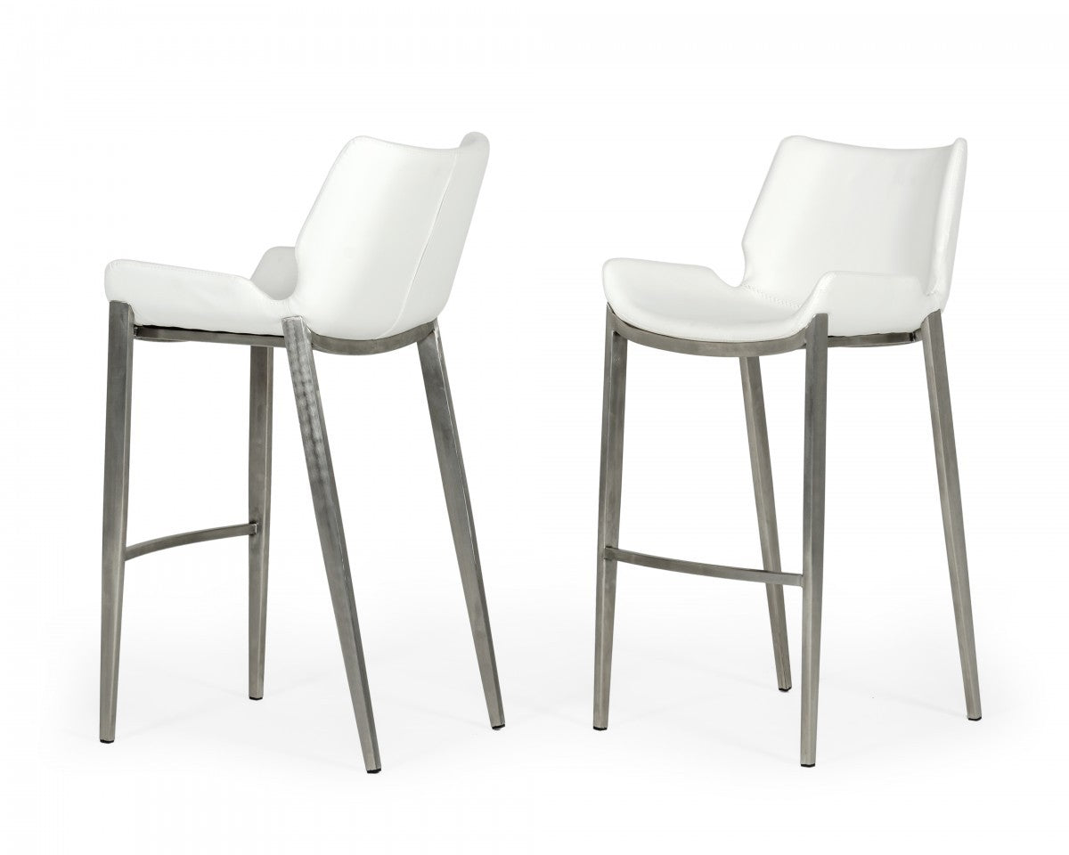Set of Two 30" White And Silver Faux Leather And Steel Low Back Bar Height Bar Chairs