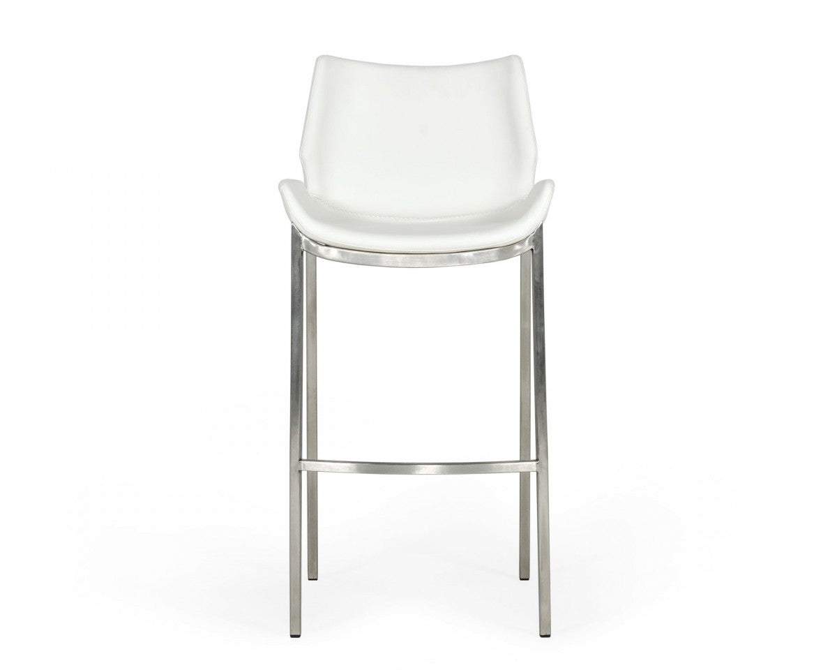 Set of Two 30" White And Silver Faux Leather And Steel Low Back Bar Height Bar Chairs
