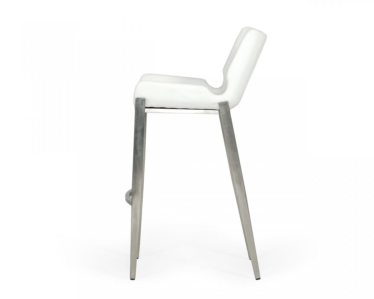 Set of Two 30" White And Silver Faux Leather And Steel Low Back Bar Height Bar Chairs