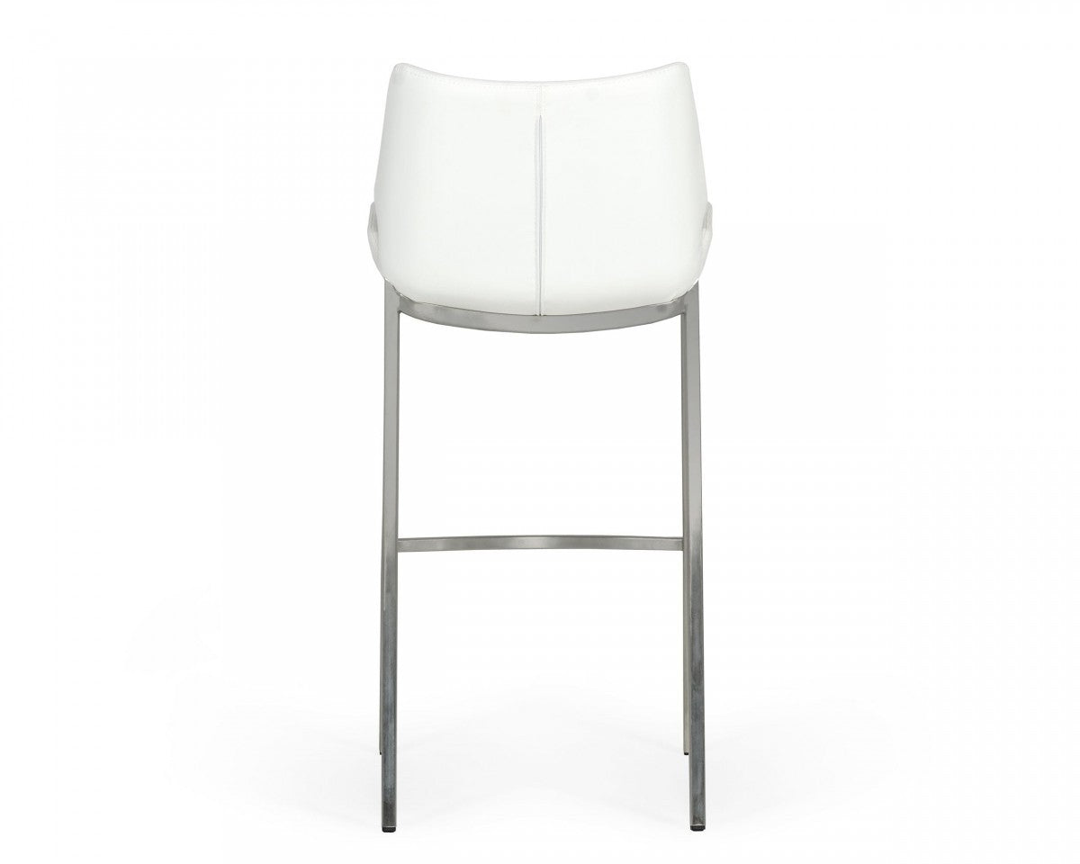 Set of Two 30" White And Silver Faux Leather And Steel Low Back Bar Height Bar Chairs
