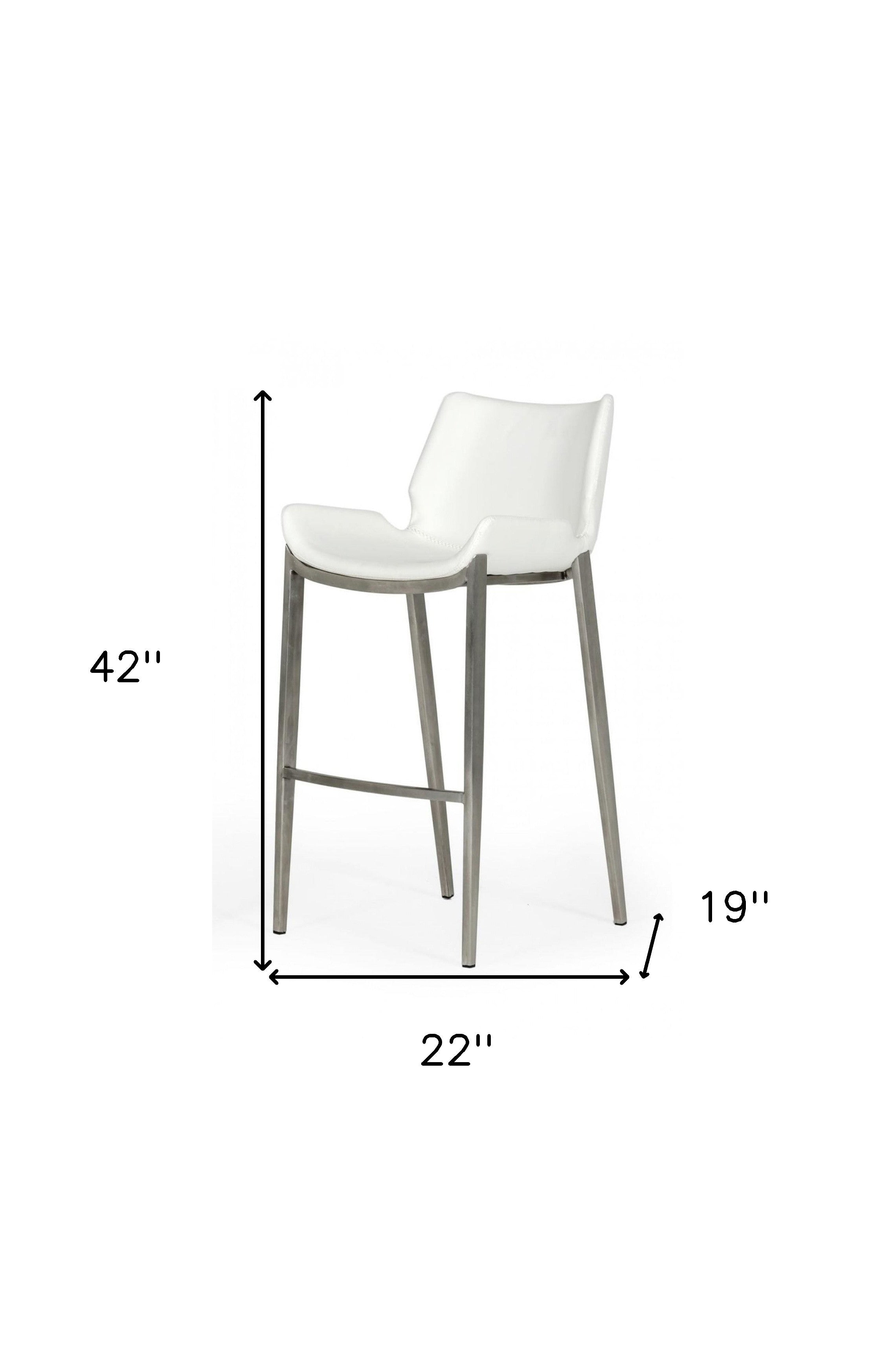 Set of Two 30" White And Silver Faux Leather And Steel Low Back Bar Height Bar Chairs