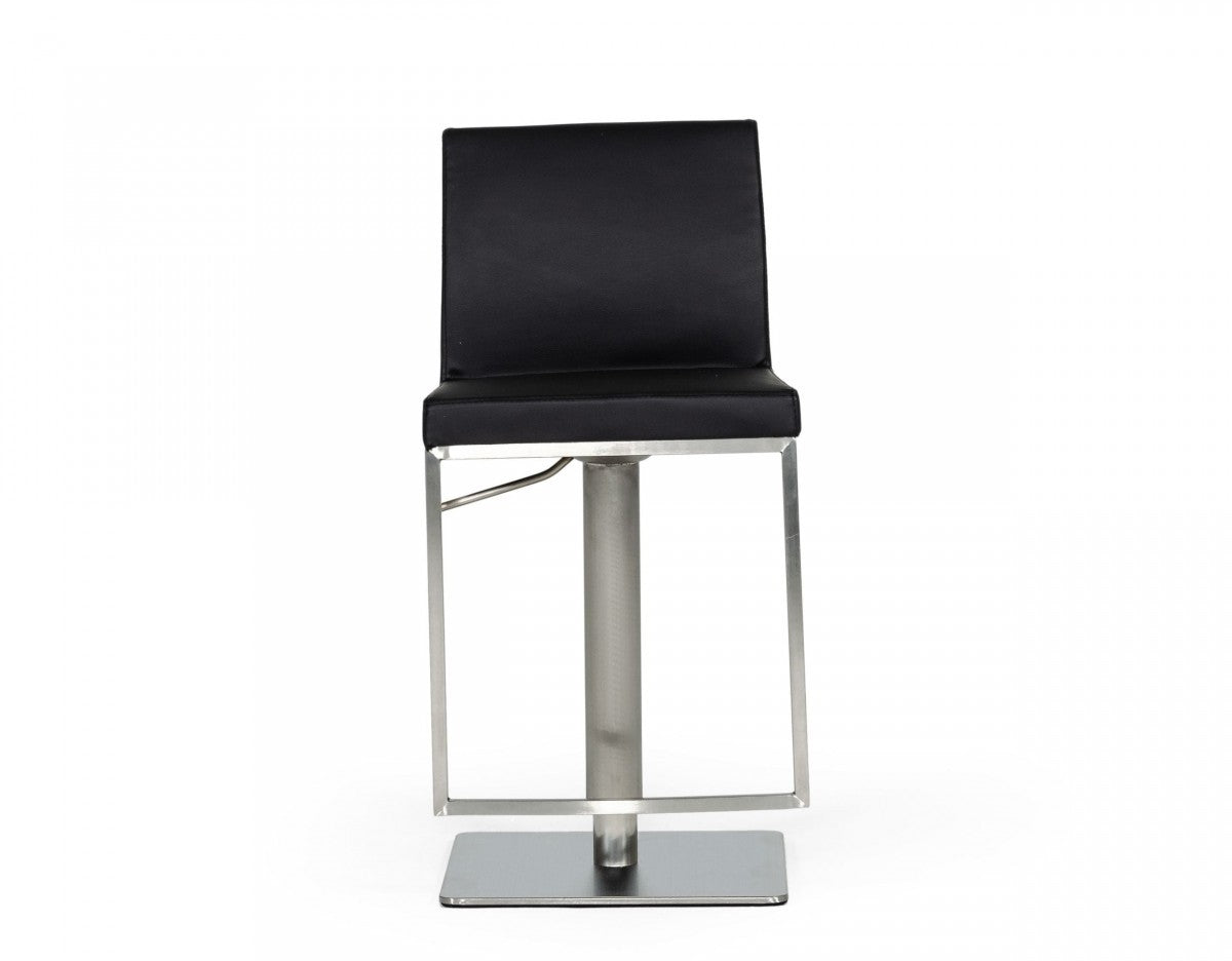 32" Black And Silver Faux Leather And Stainless Steel Swivel Low Back Bar Height Bar Chair