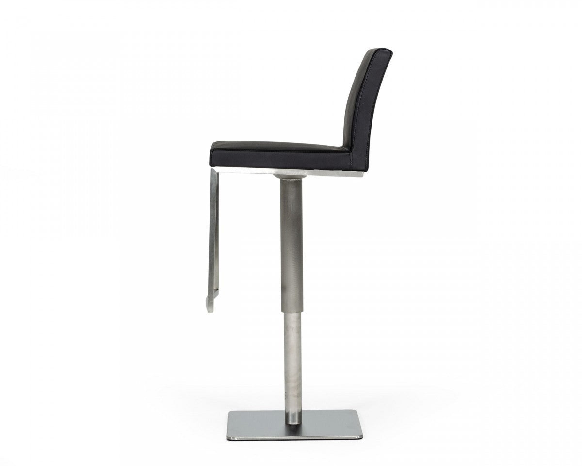 32" Black And Silver Faux Leather And Stainless Steel Swivel Low Back Bar Height Bar Chair