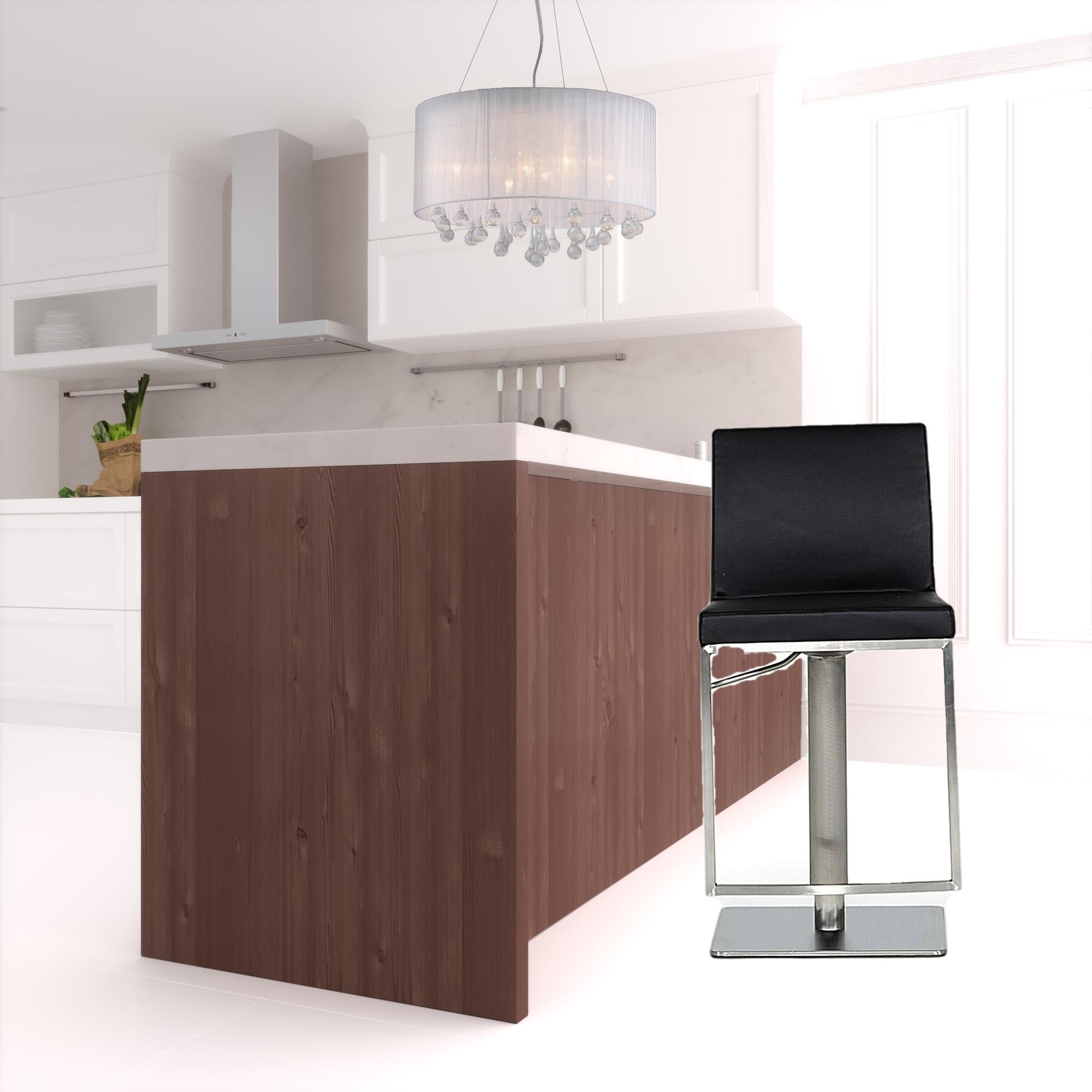 32" Black And Silver Faux Leather And Stainless Steel Swivel Low Back Bar Height Bar Chair