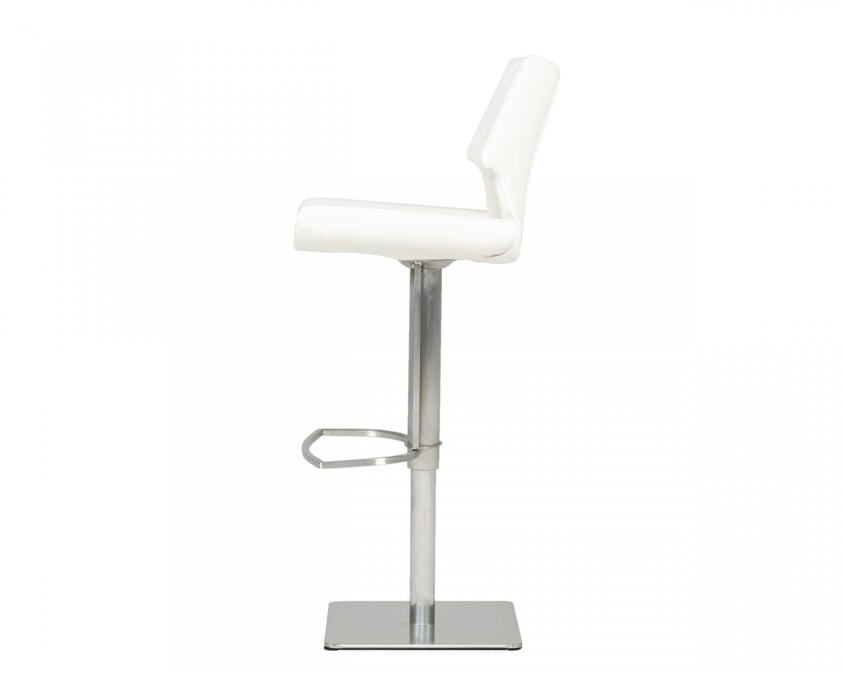 31" White And Silver Faux Leather And Steel Swivel Low Back Bar Height Bar Chair