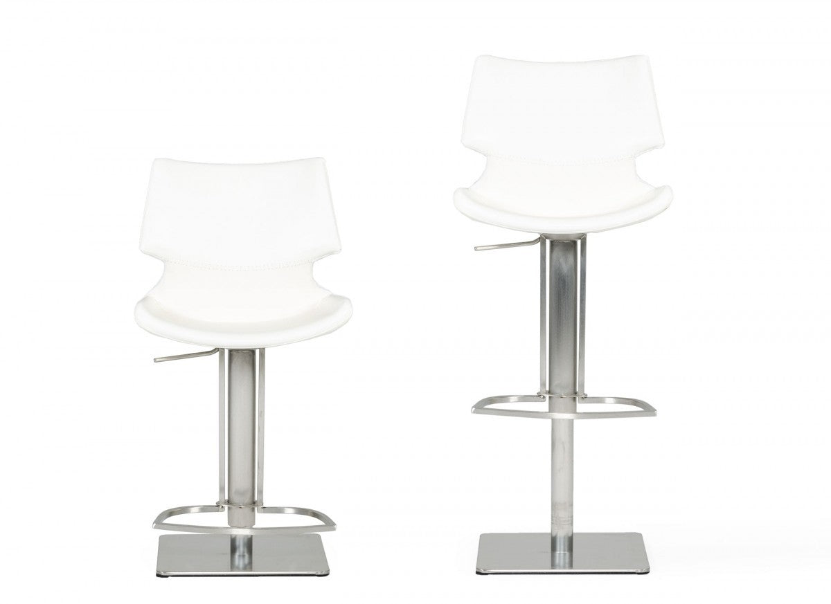 31" White And Silver Faux Leather And Steel Swivel Low Back Bar Height Bar Chair