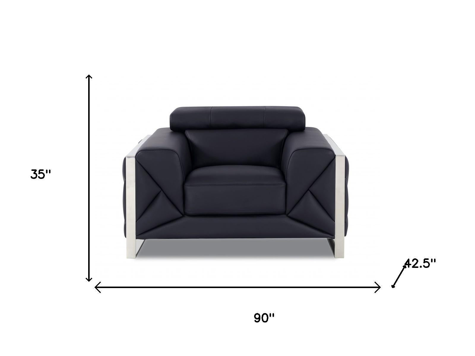 Three Piece Indoor Black Italian Leather Six Person Seating Set