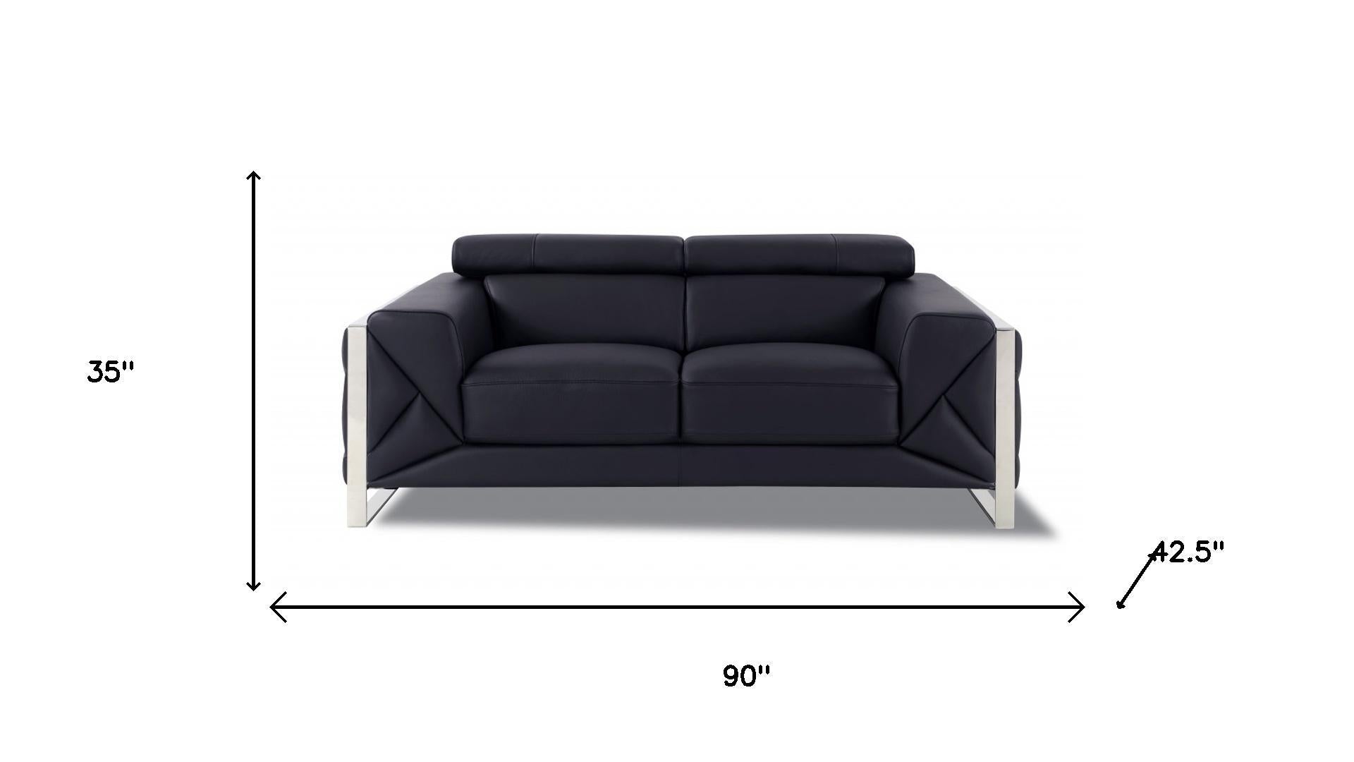 Two Piece Indoor Black Italian Leather Five Person Seating Set