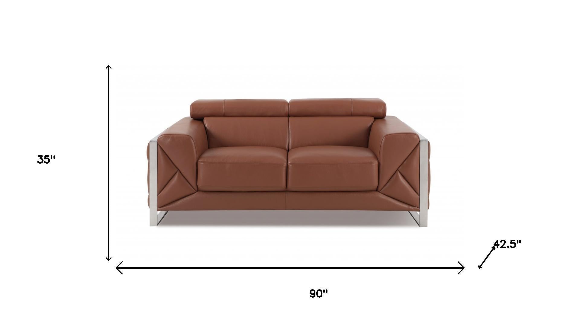 Two Piece Indoor Camel Italian Leather Five Person Seating Set