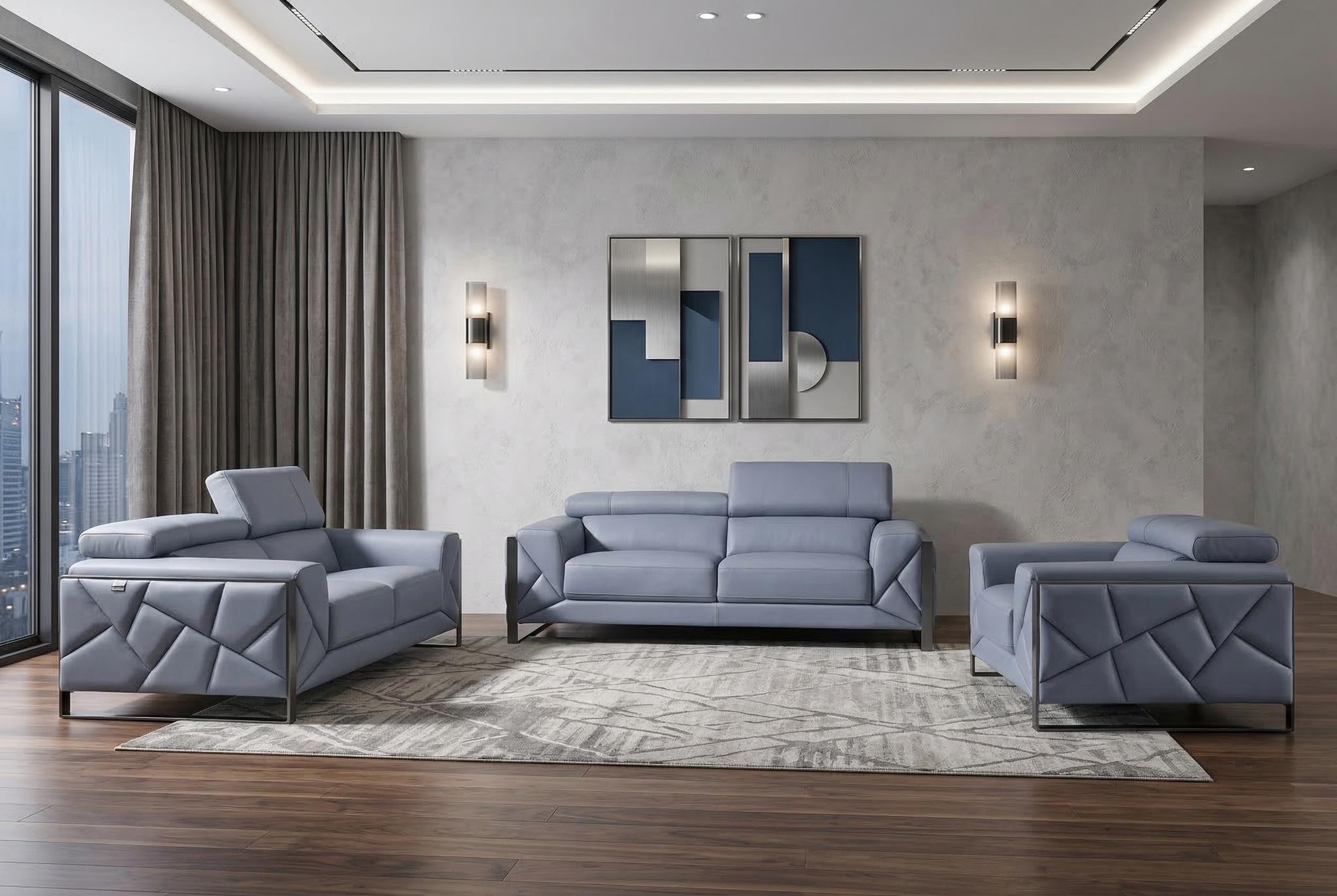 Three Piece Indoor Light Blue Italian Leather Six Person Seating Set