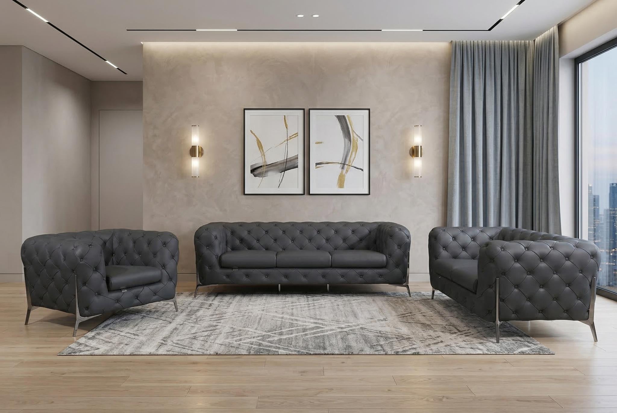 Three Piece Indoor Dark Gray Italian Leather Six Person Seating Set