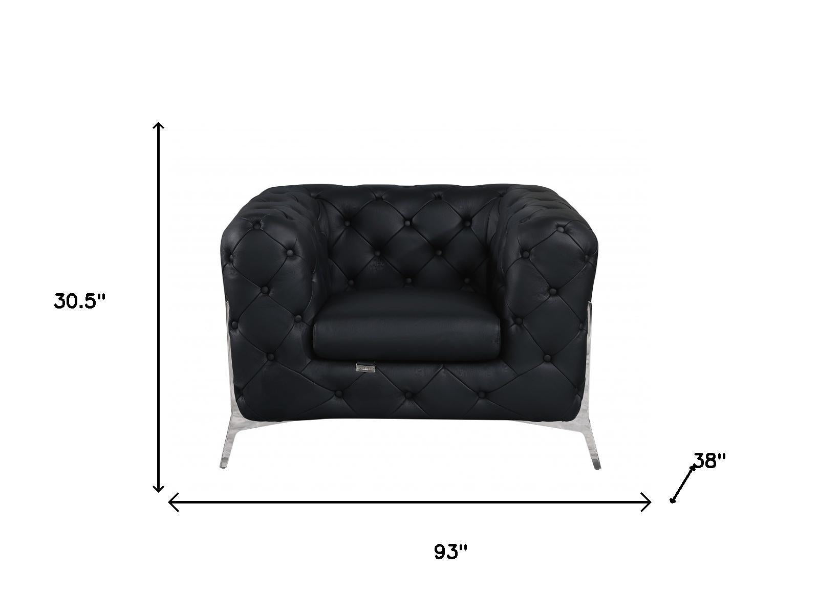 Three Piece Indoor Black Italian Leather Five Person Seating Set