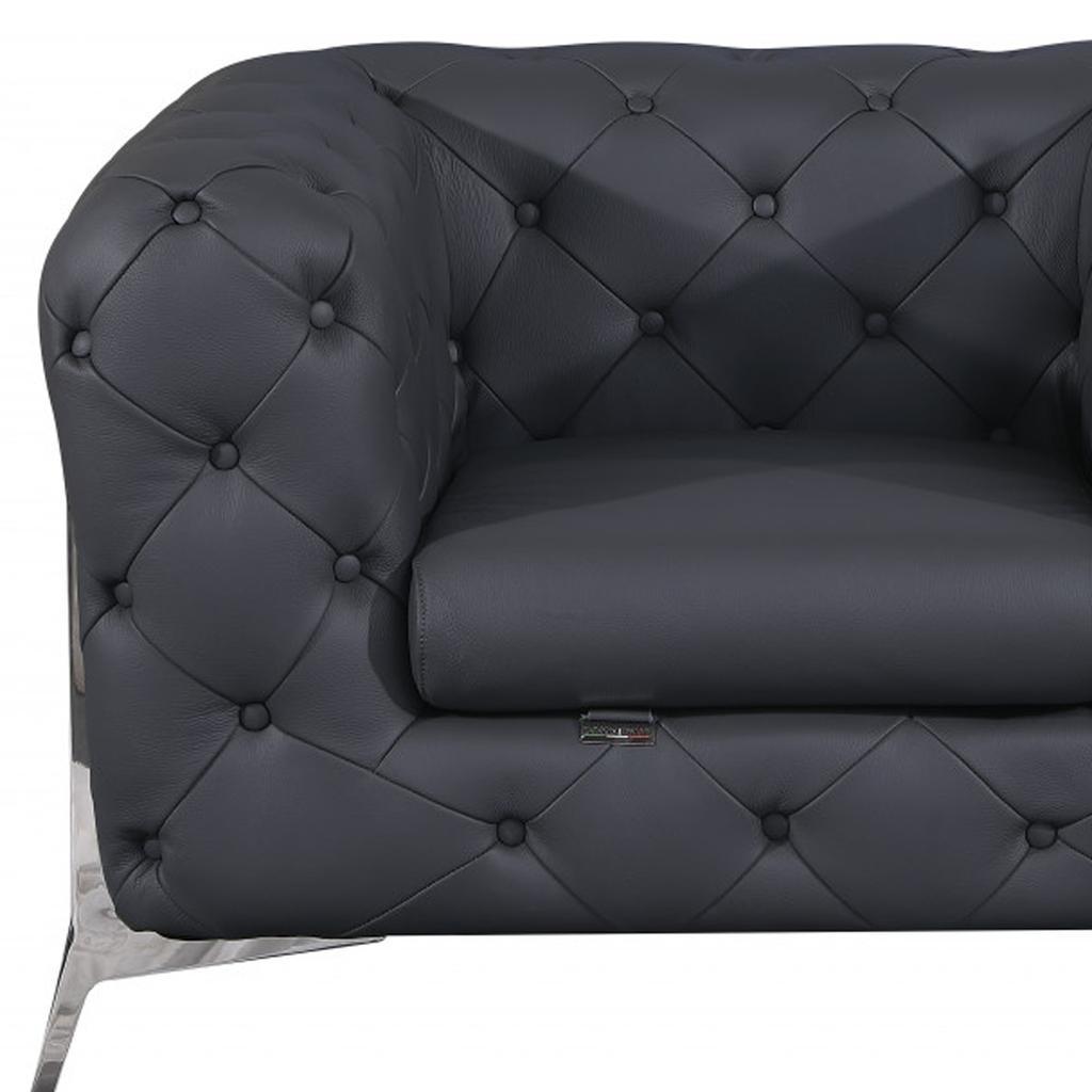 Three Piece Indoor Dark Gray Italian Leather Five Person Seating Set