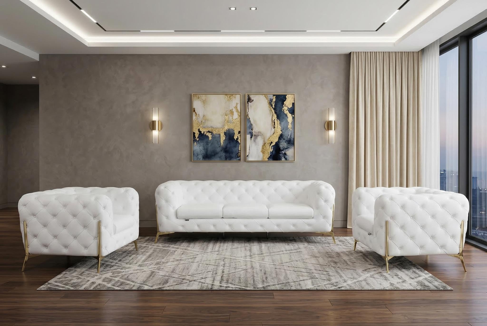 Three Piece Indoor White Italian Leather Five Person Seating Set