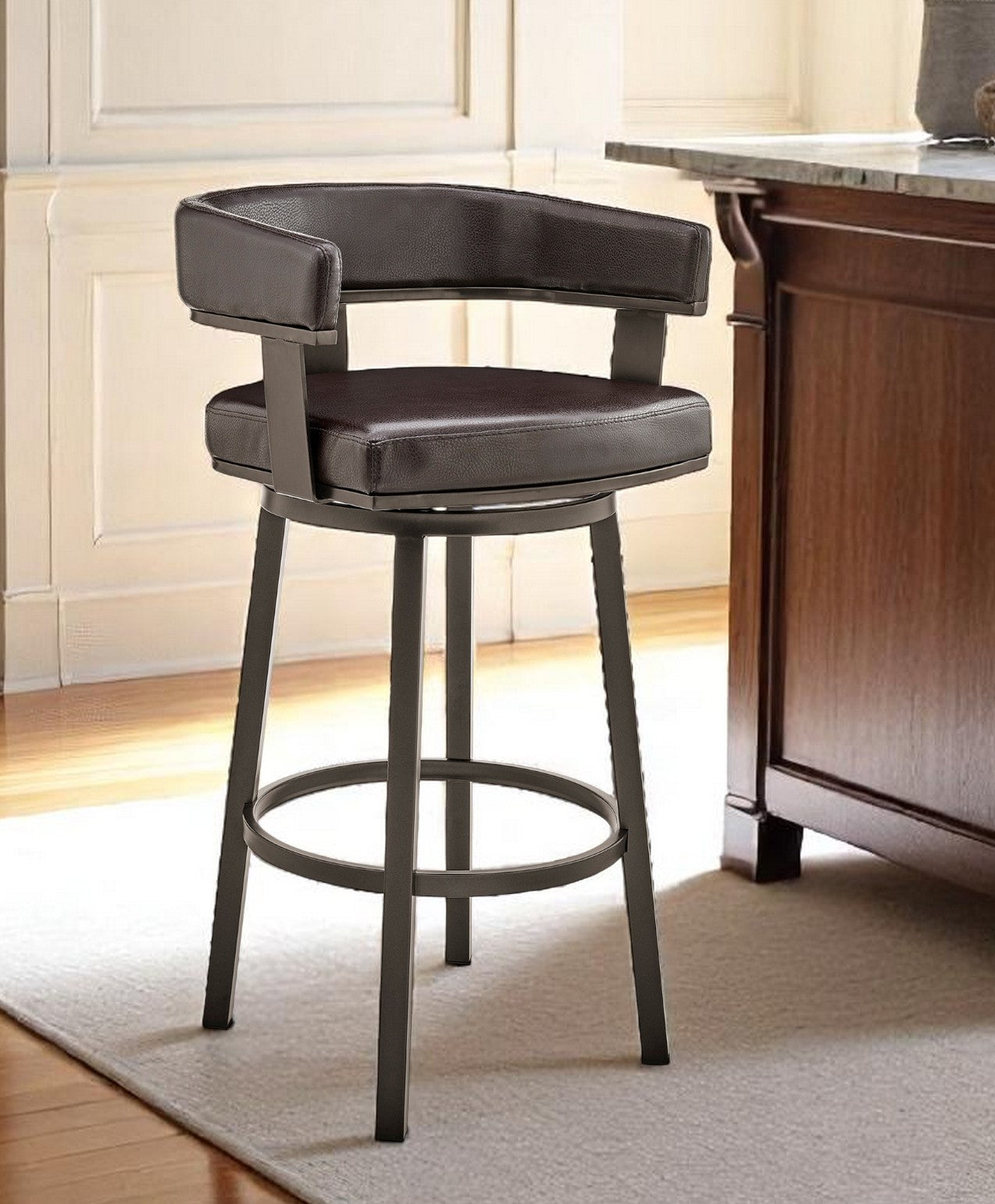 26" Chocolate And Gray Faux Leather And Iron Swivel Low Back Counter Height Bar Chair
