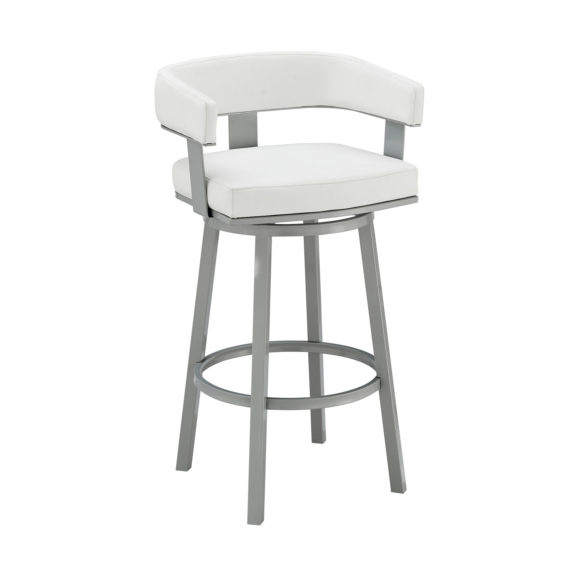 26" White and Gray Faux Leather and Iron Low Back Counter Height Swivel Bar Chair