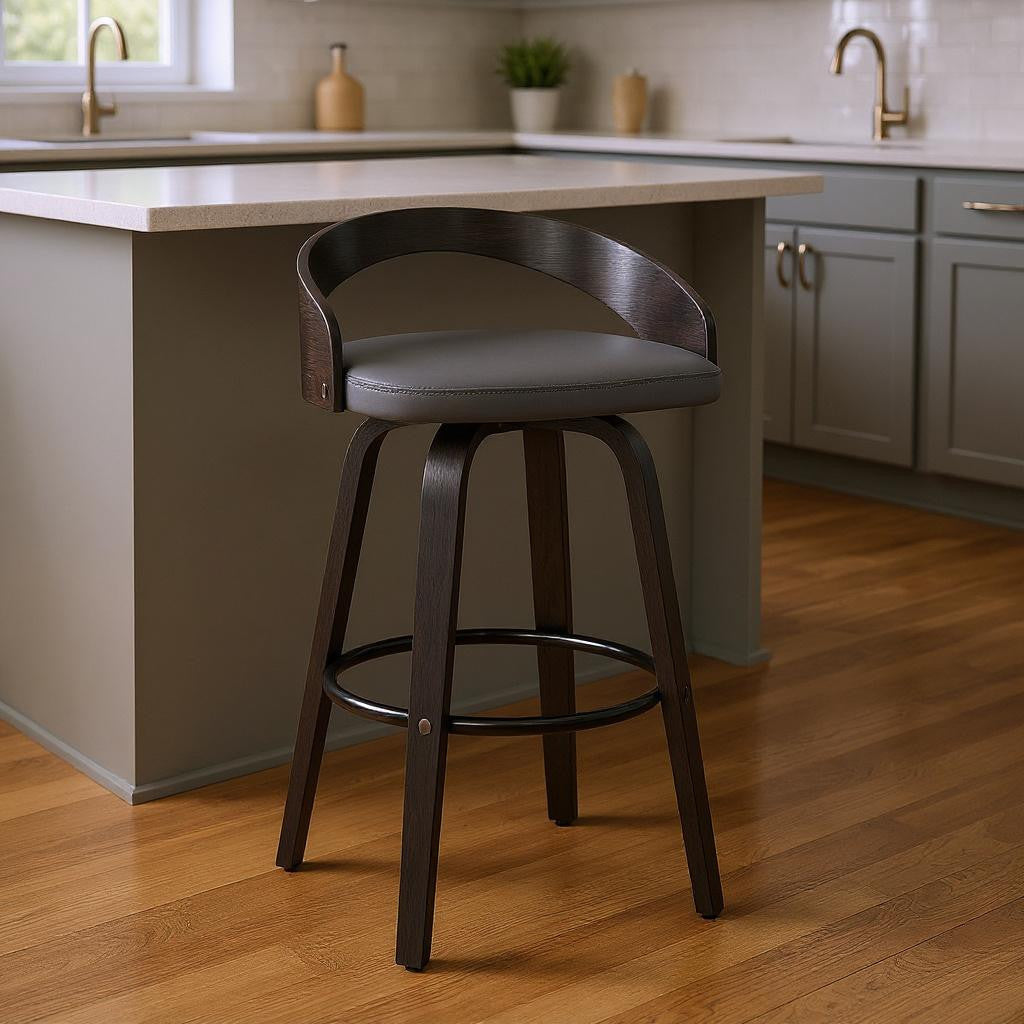 26" Gray And Black Faux Leather And Iron Swivel Low Back Counter Height Bar Chair