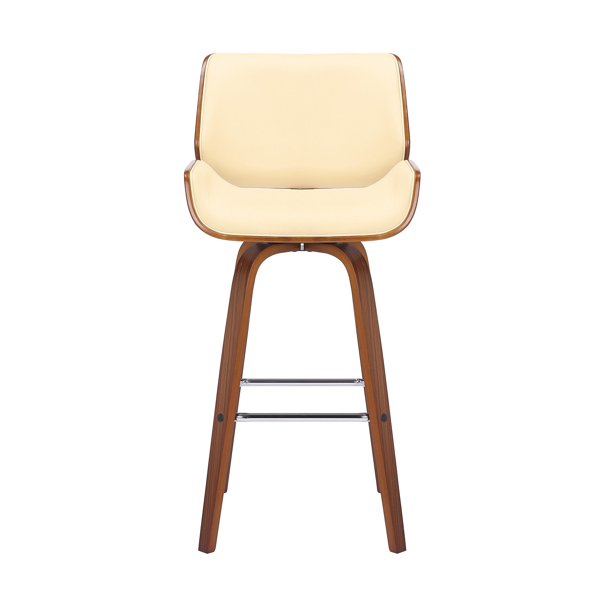 30" Cream And Brown Faux Leather And Solid Wood Swivel Bar Height Bar Chair