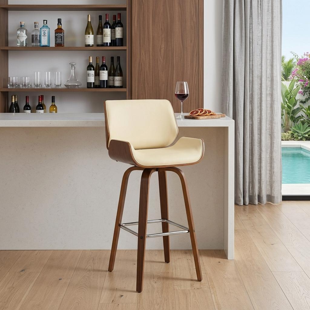 30" Cream And Brown Faux Leather And Solid Wood Swivel Bar Height Bar Chair