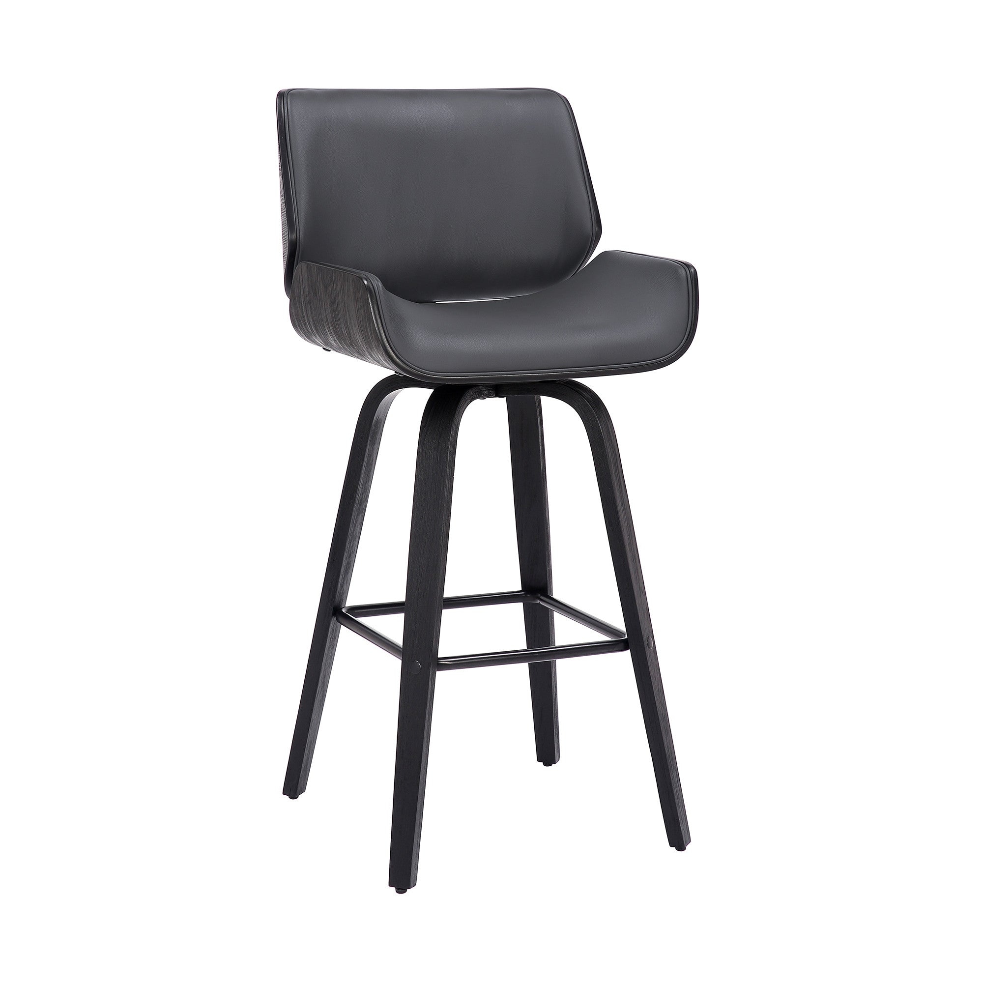 30" Gray and Black Faux Leather and Iron Bar Height Swivel Bar Chair