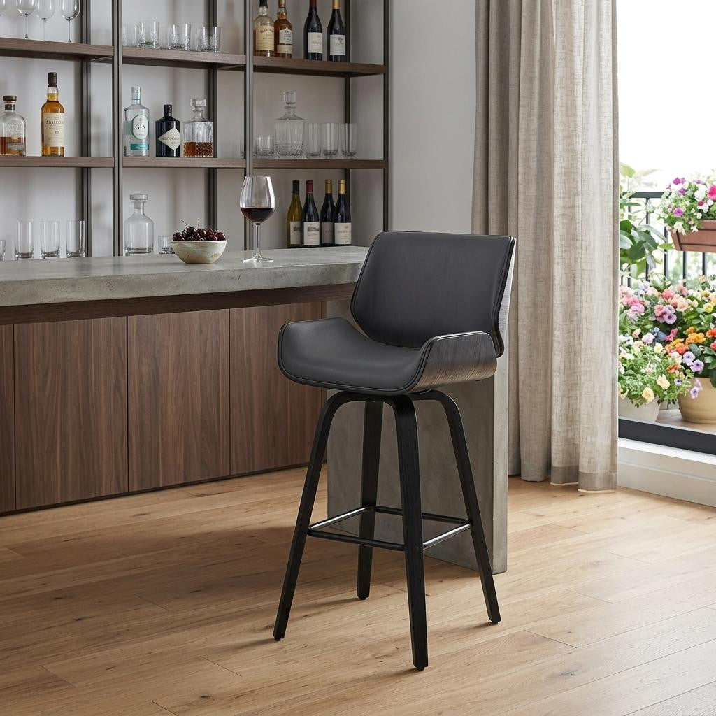 30" Gray and Black Faux Leather and Iron Bar Height Swivel Bar Chair