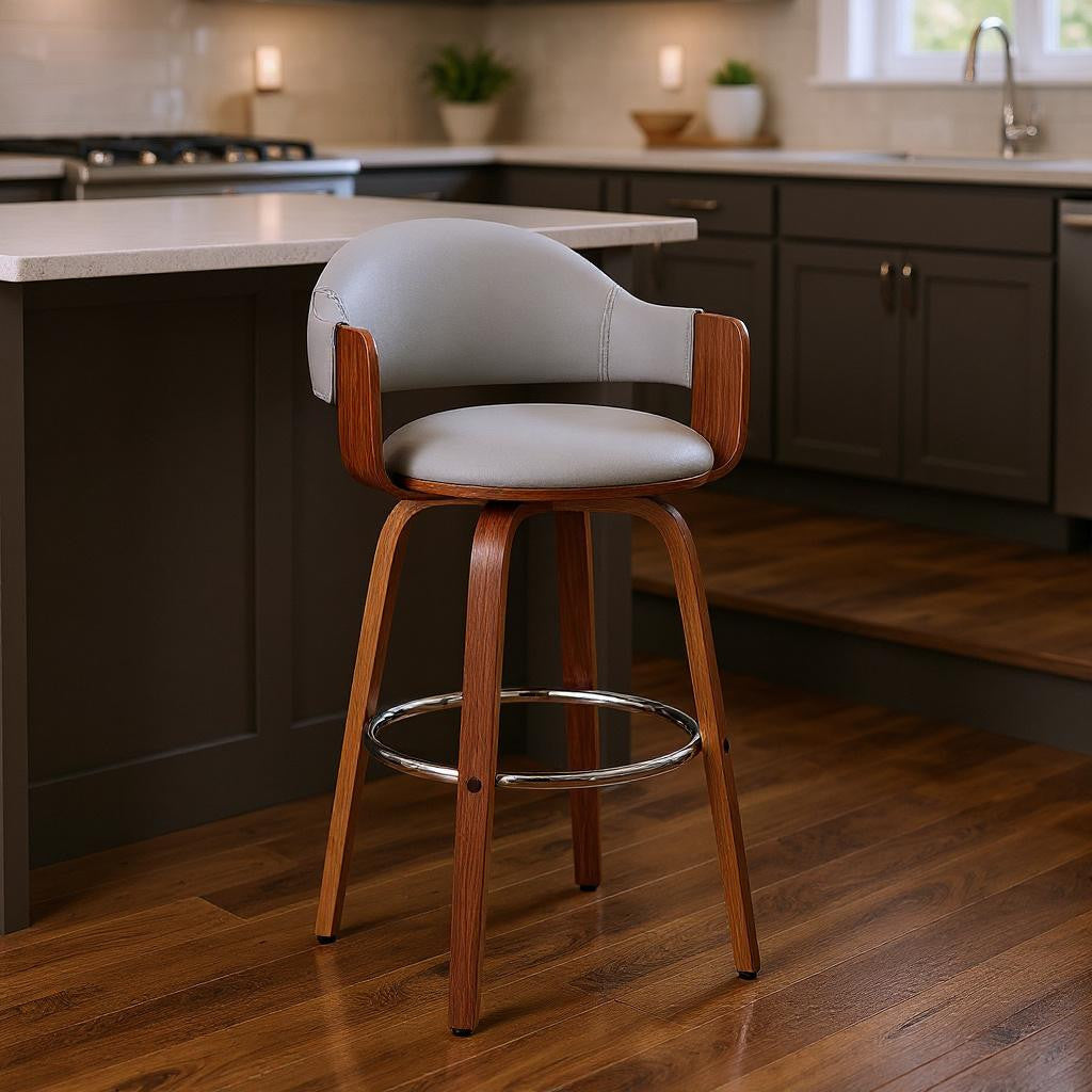 26" Gray And Brown Swivel Low Back Counter Height Bar Chair