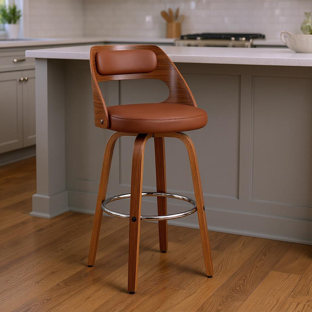 26" Brown Faux Leather Swivel Counter Height Bar Chair