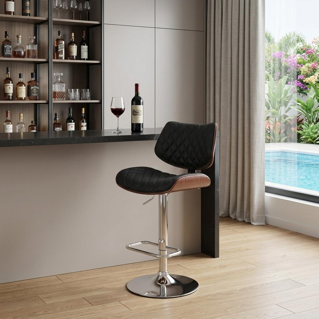 24" Black And Silver Faux Leather And Iron Swivel Low Back Adjustable Height Bar Chair