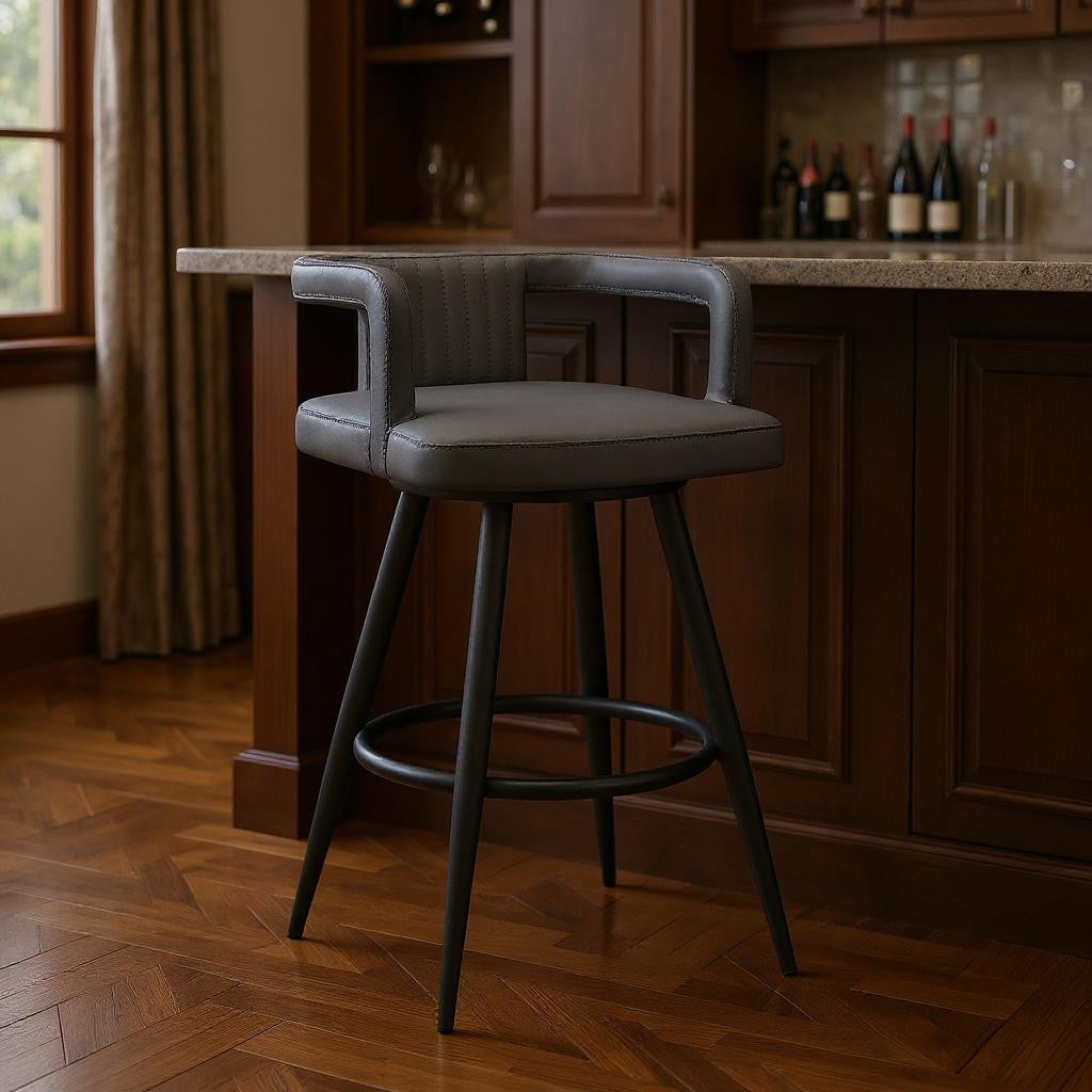 30" Gray And Black Faux Leather And Iron Swivel Low Back Bar Height Bar Chair