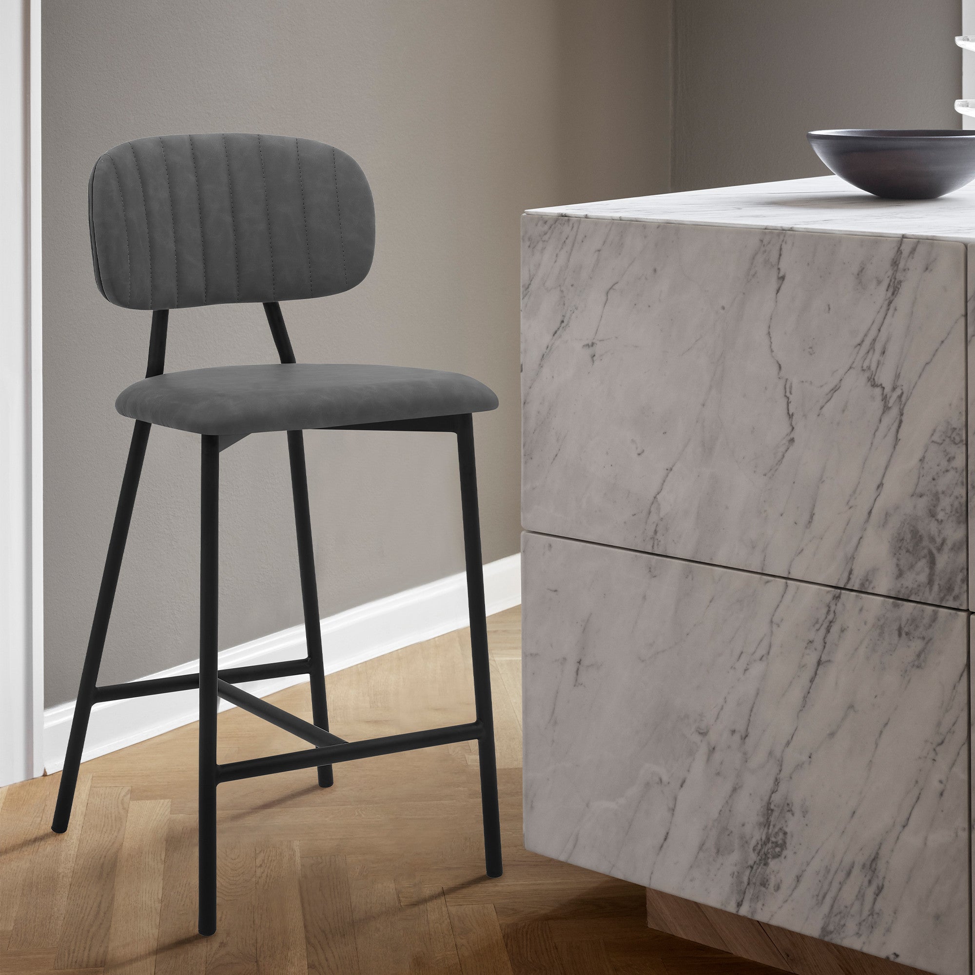 26" Gray and Black Faux Leather and Iron Low Back Counter Height Bar Chair
