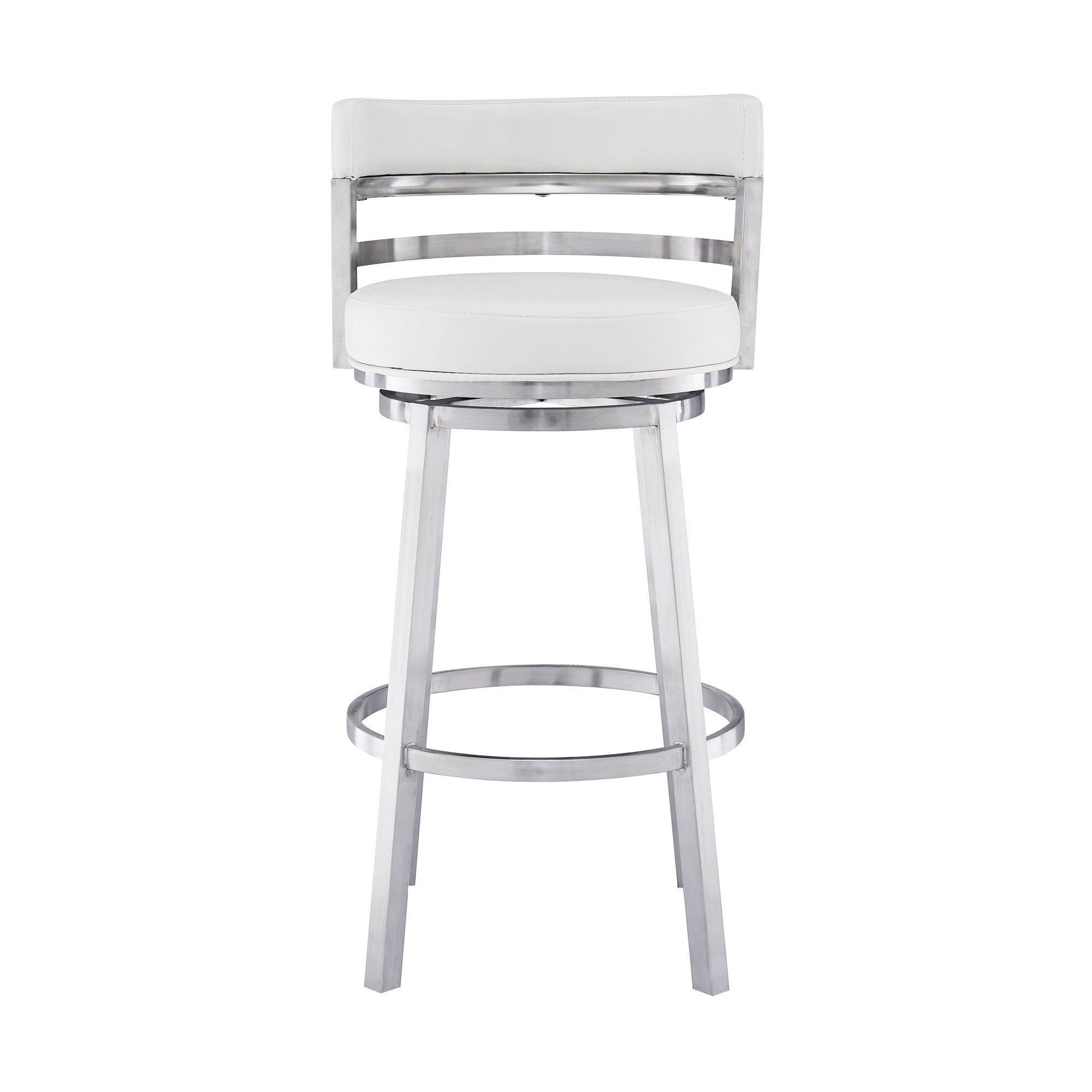 30" White and Silver Faux Leather and Iron Low Back Bar Height Swivel Bar Chair