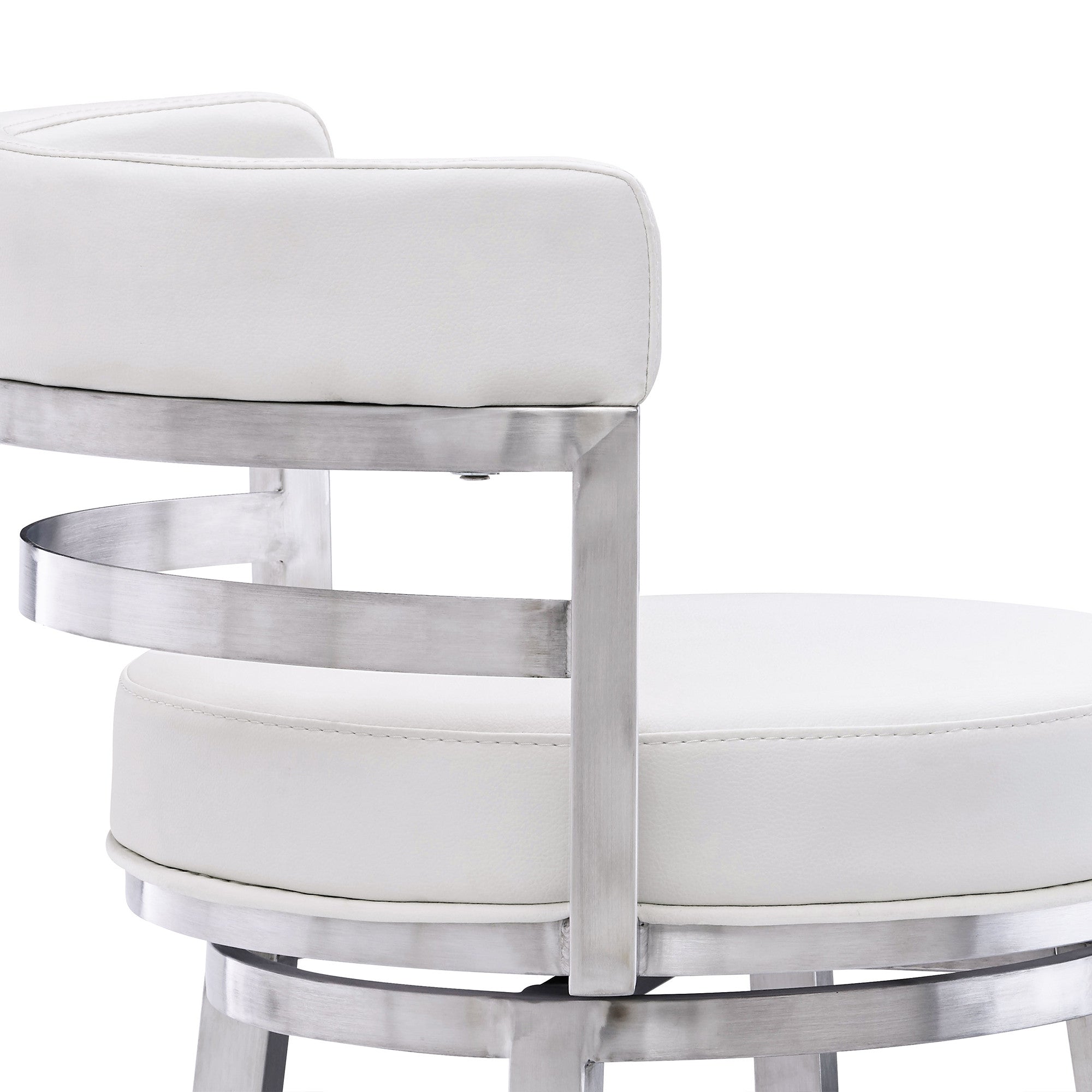30" White and Silver Faux Leather and Iron Low Back Bar Height Swivel Bar Chair