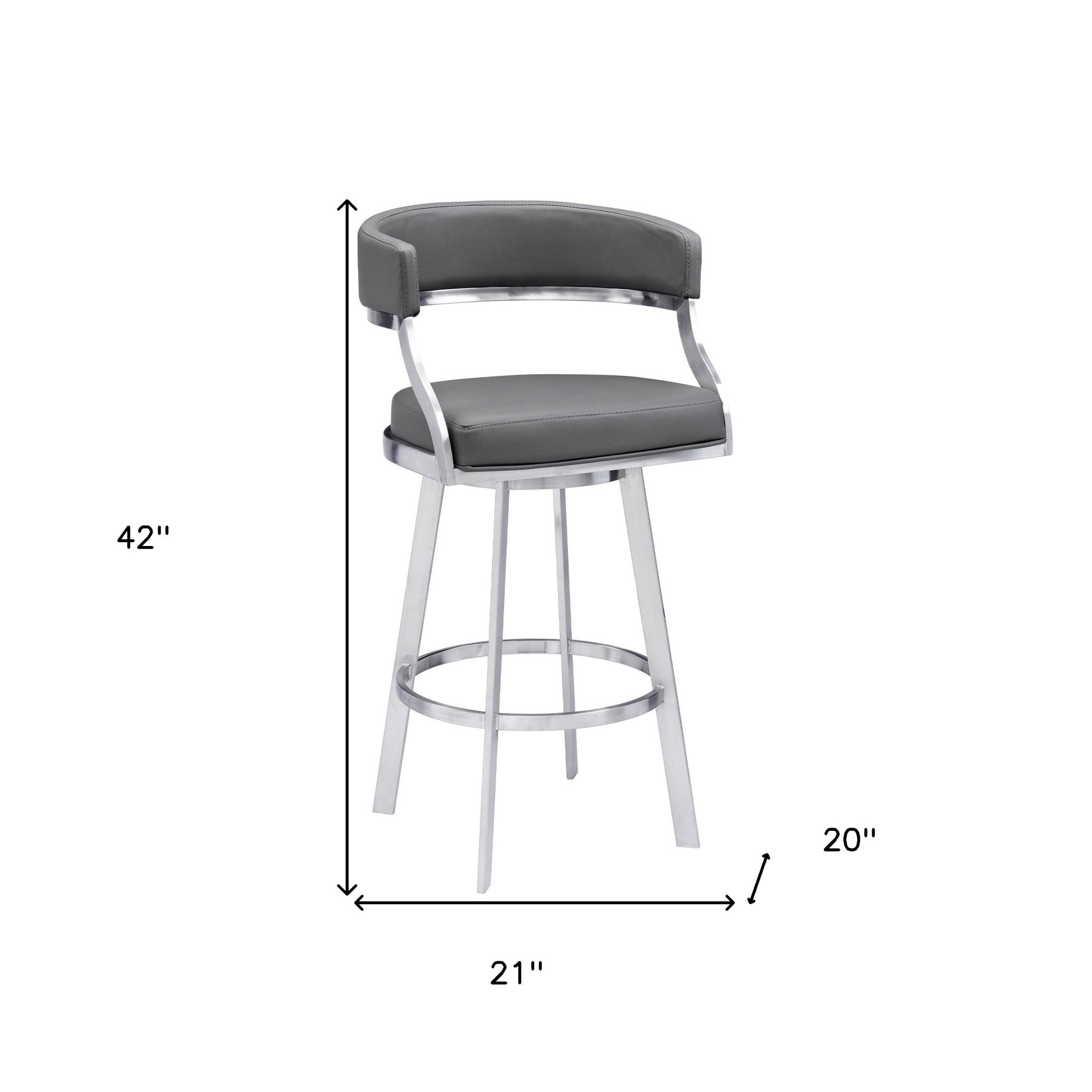 30" Gray and Silver Faux Leather and Iron Low Back Bar Height Swivel Bar Chair