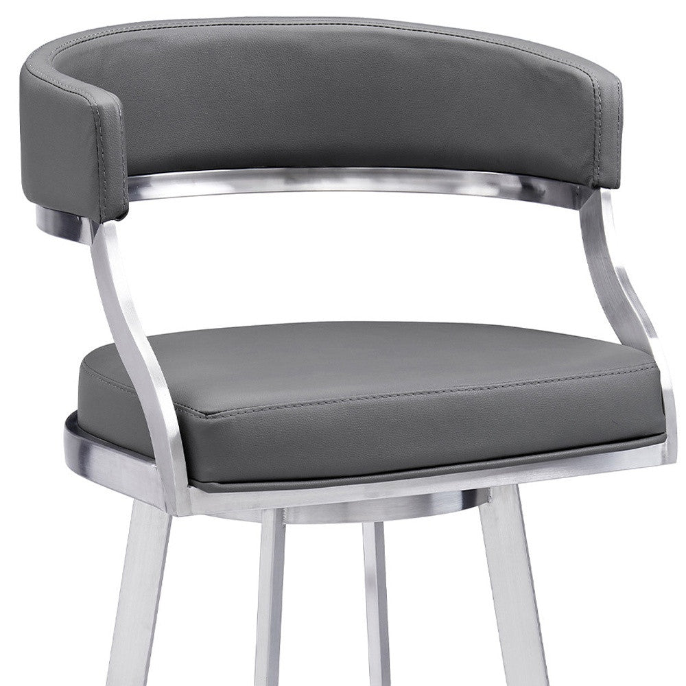 30" Gray and Silver Faux Leather and Iron Low Back Bar Height Swivel Bar Chair
