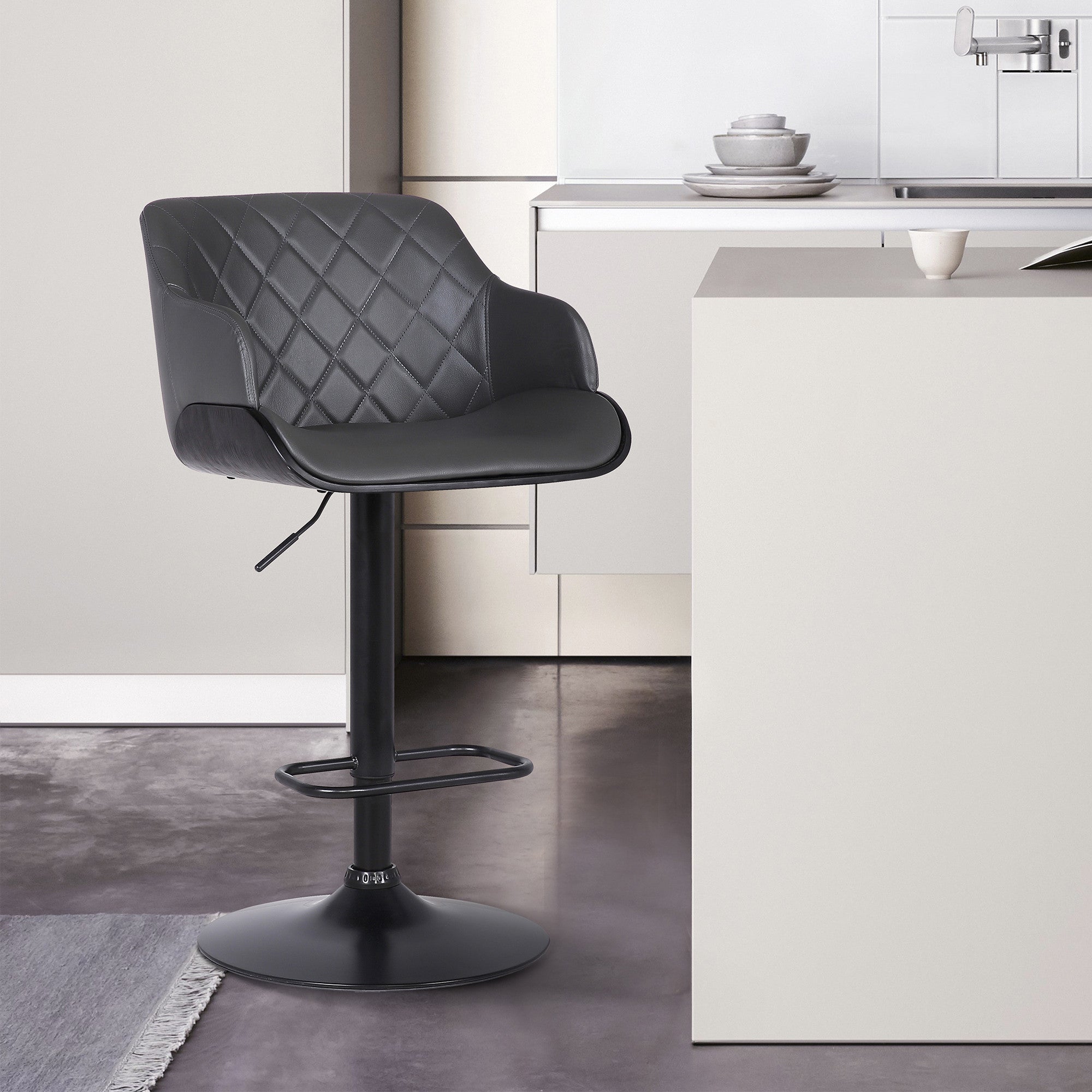 Gray and Black Faux Leather and Iron Low Back Adjustable Height Swivel Bar Chair