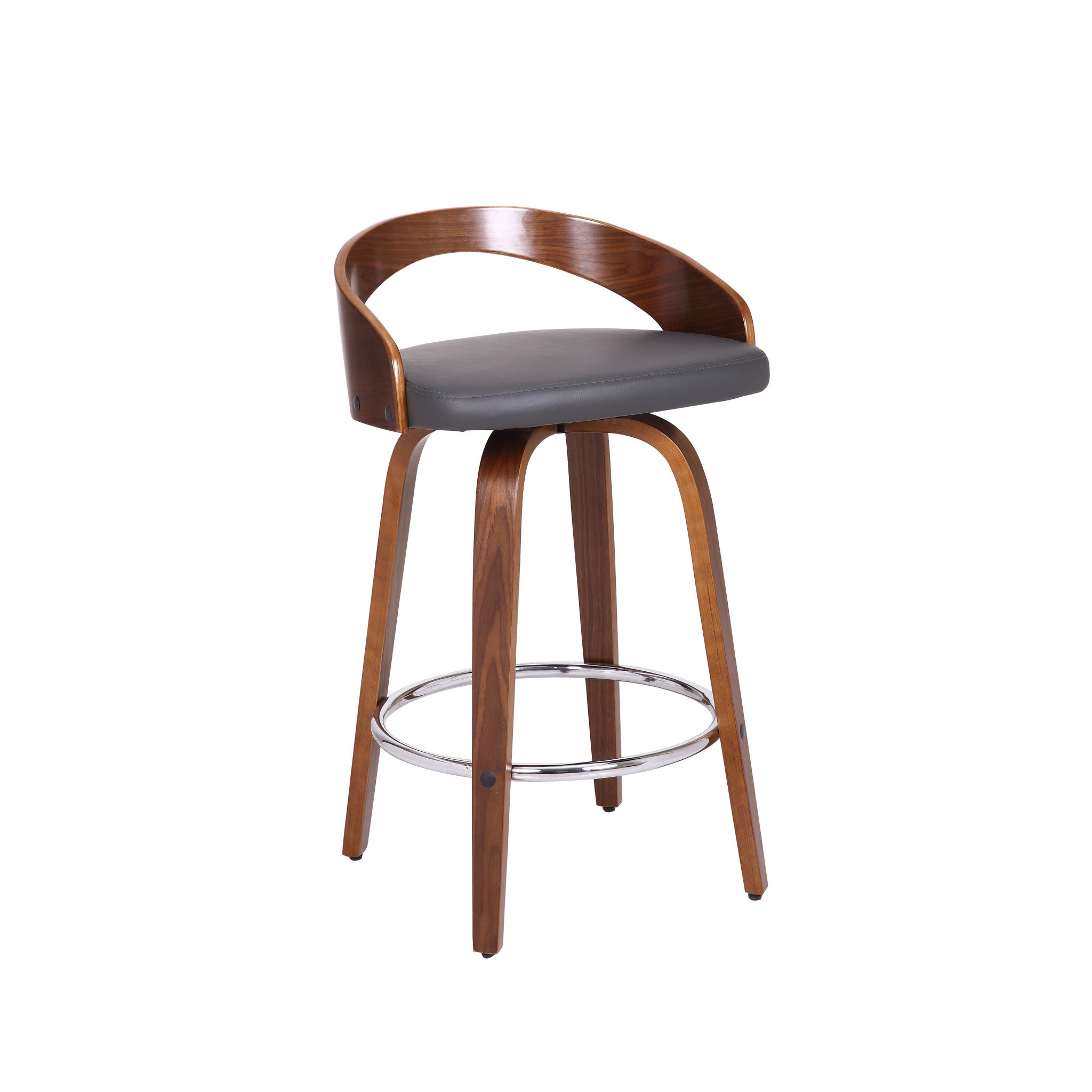 26" Gray and Brown Faux Leather and Iron Low Back Counter Height Swivel Bar Chair