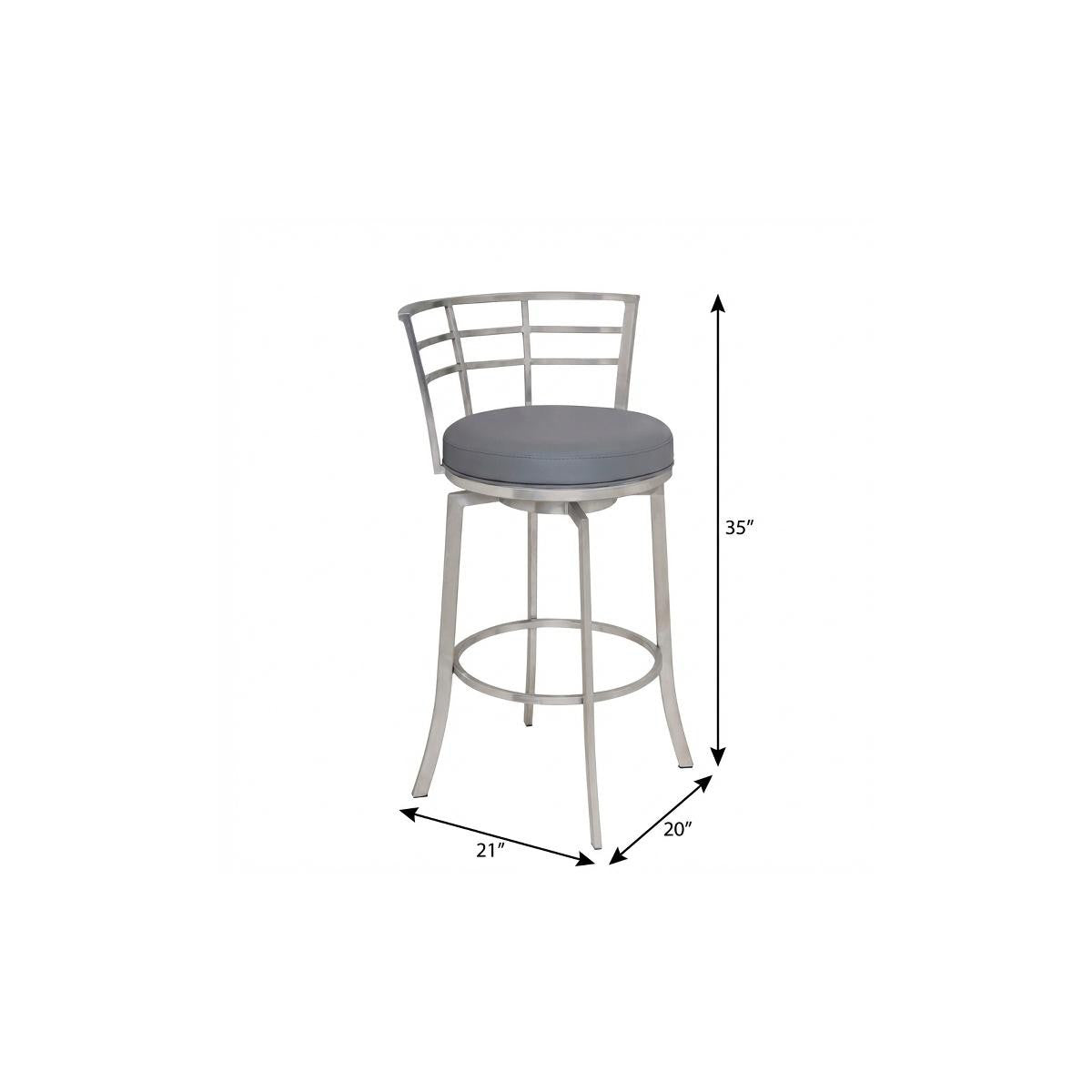 26" Gray And Silver Faux Leather And Iron Swivel Low Back Counter Height Bar Chair