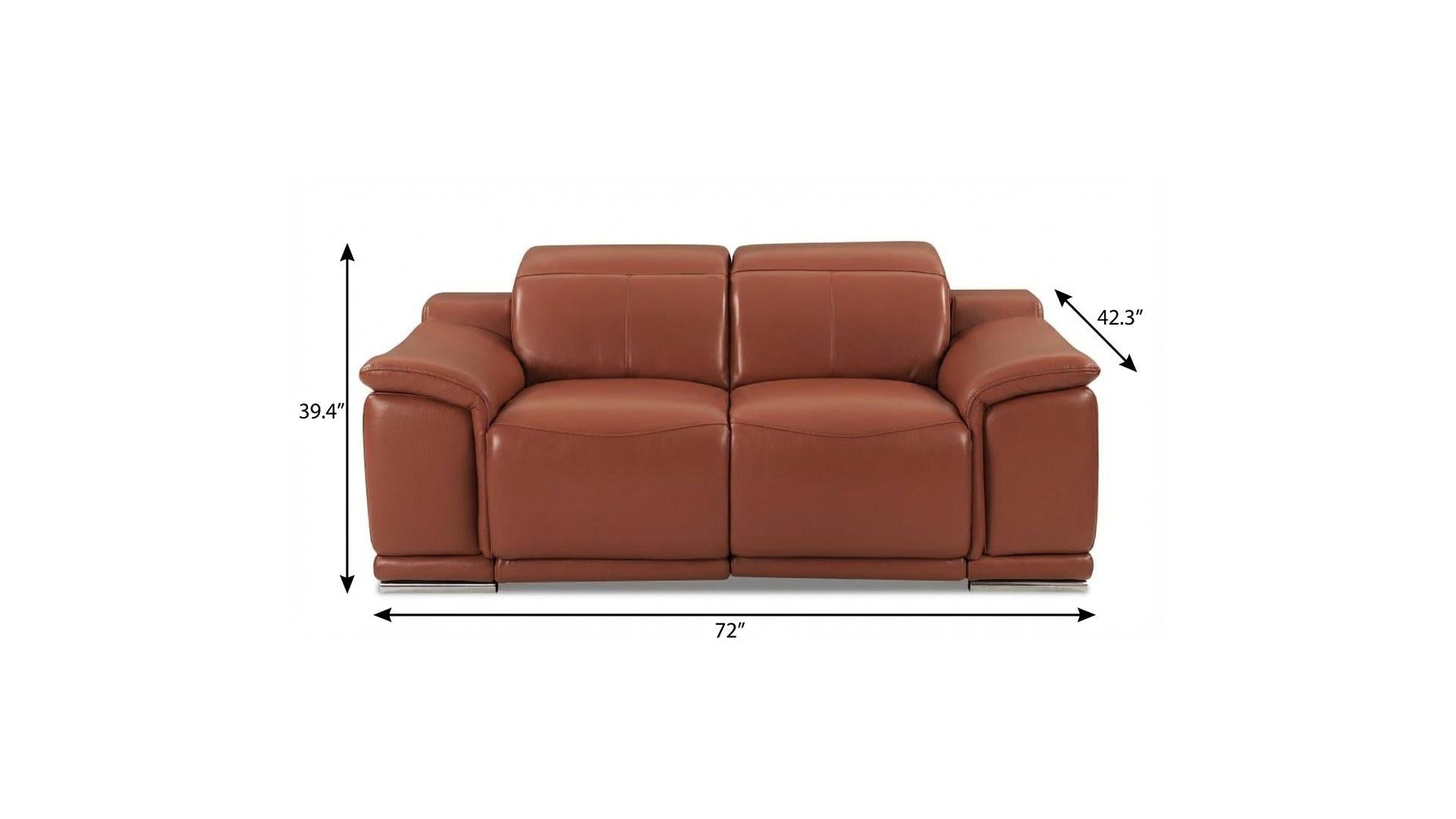 72" Camel And Silver Italian Leather Power Reclining Loveseat