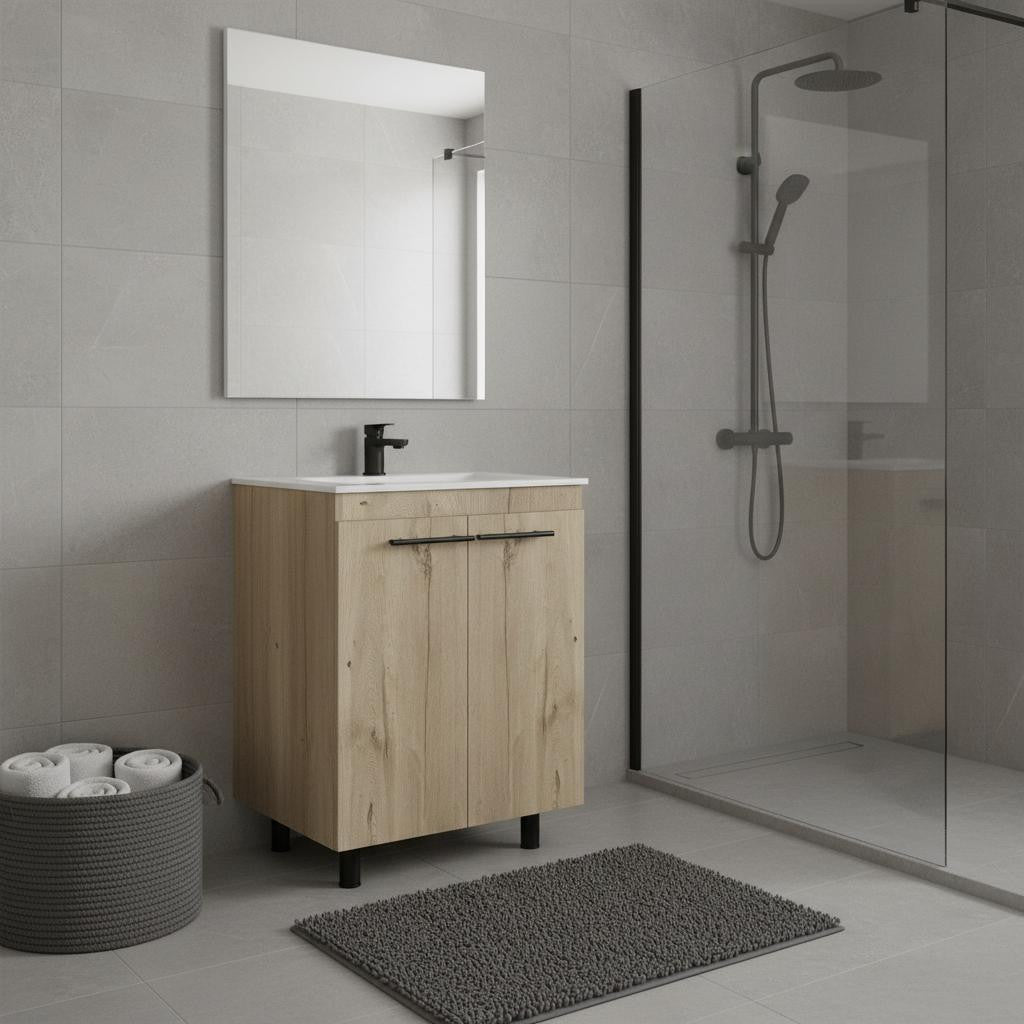 24" Oak Wood Freestanding Double Door Bathroom Vanity With White Sink