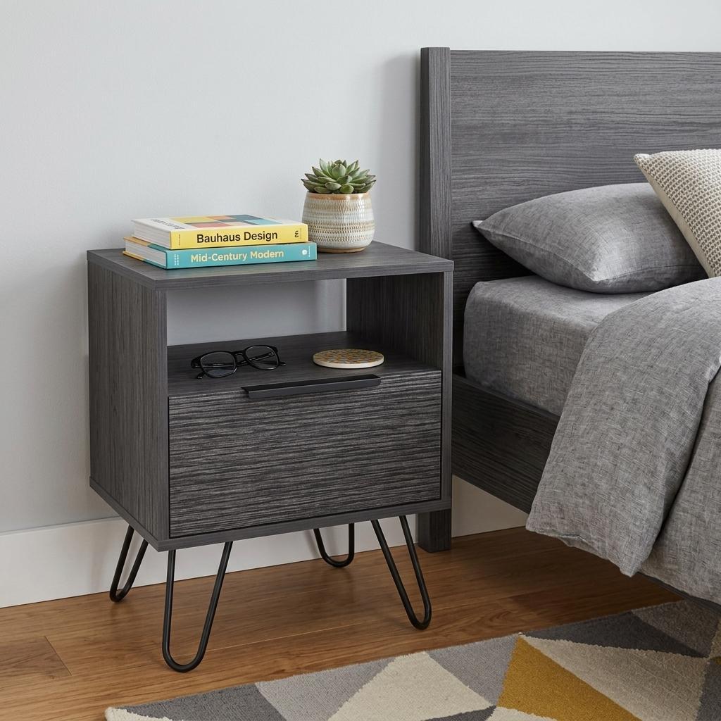 22" Gray Faux Wood Nightstand With Storage