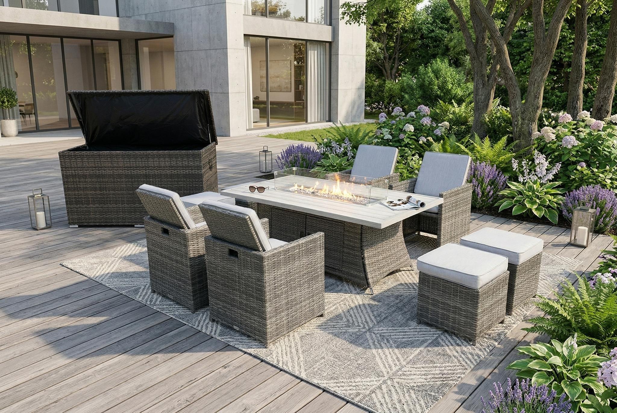 Ten Piece Outdoor Gray Wicker Multiple Chairs Seating Group Fire Pit Included with White Cushions