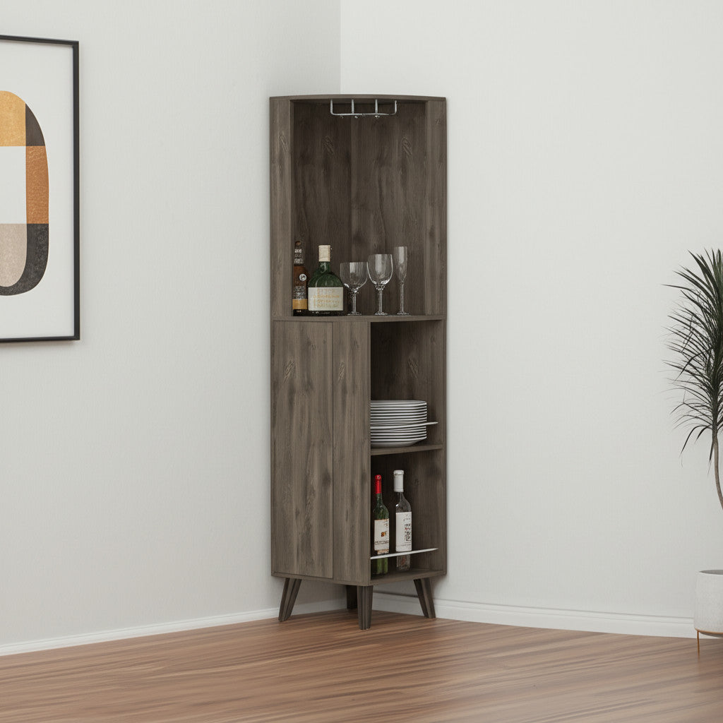 73" Dark Brown Wood Corner Bar Cabinet With One Drawer